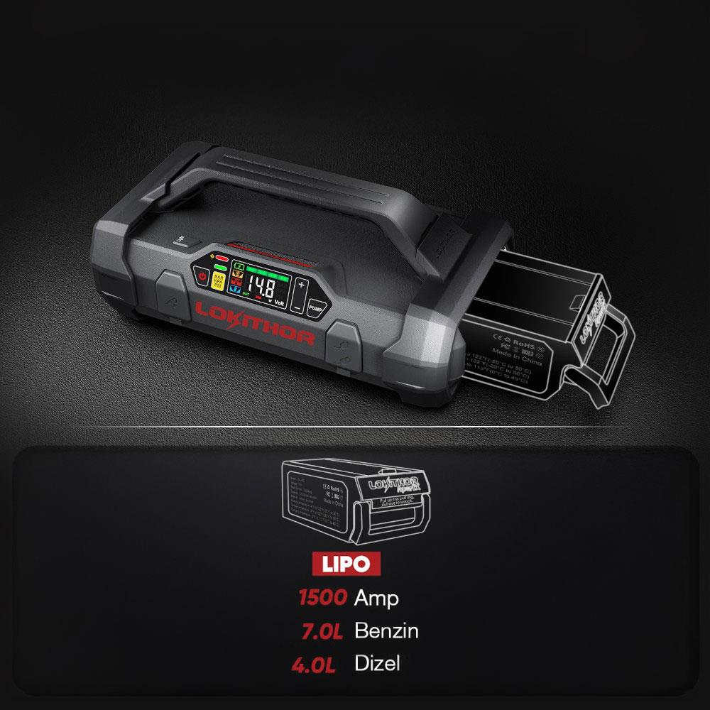 Mostrato un avviatore LOKITHOR con display 14.8V. Sotto un pacco batteria.