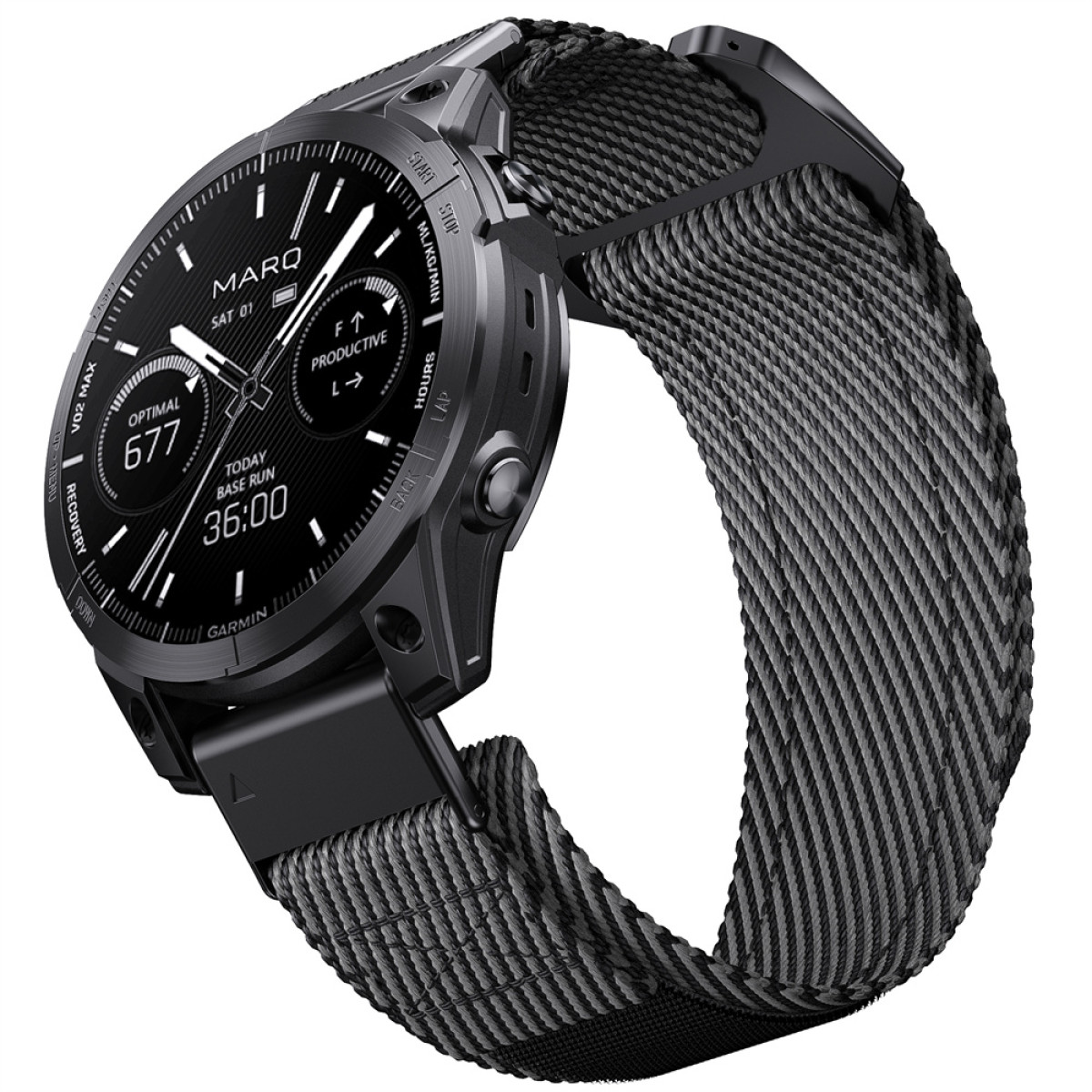 Eine schwarze Garmin MARQ Smartwatch mit grauem Stoffarmband zeigt Fitnesswerte.