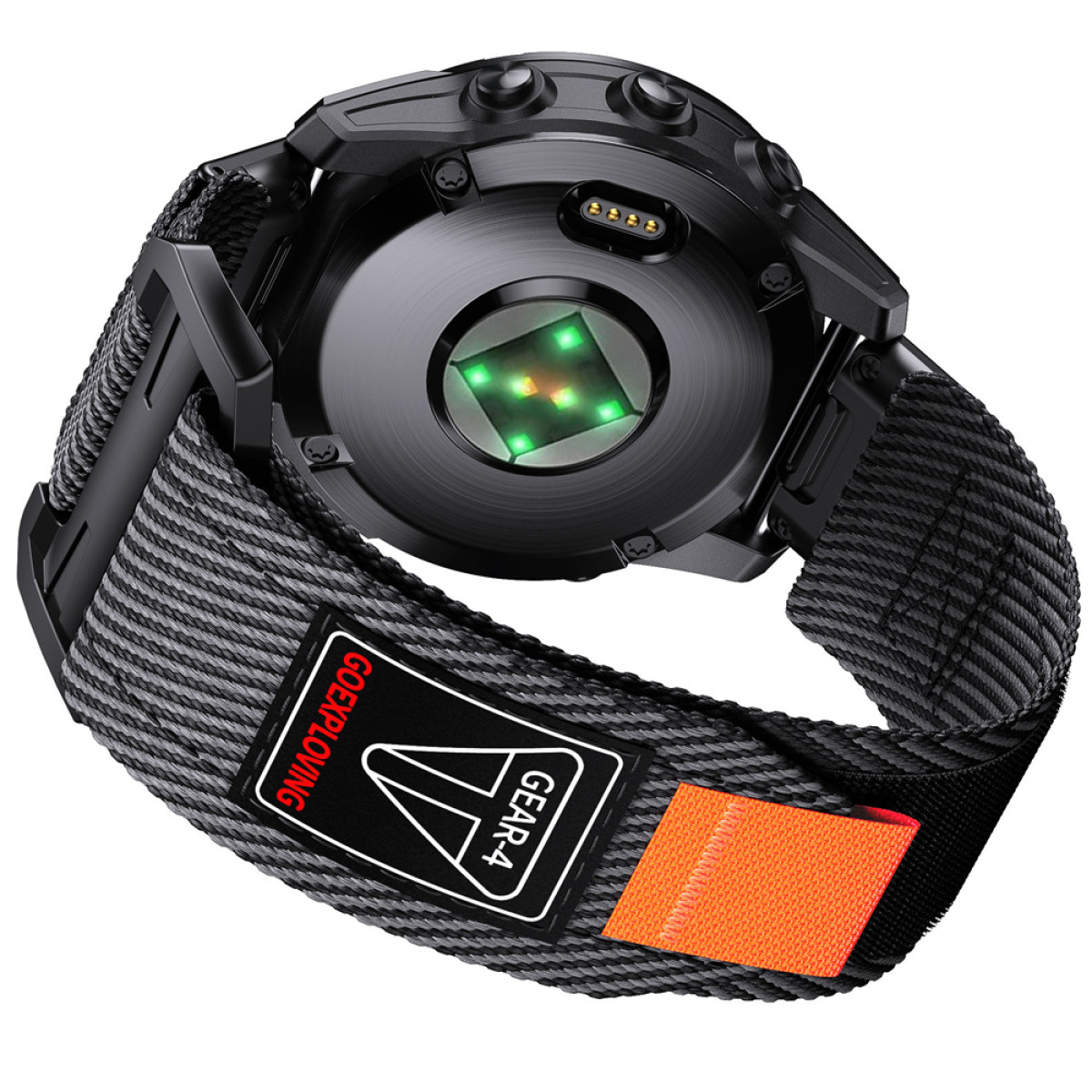 Rückseite einer schwarzen Smartwatch mit Herzfrequenzsensor und grauem Stoffarmband.