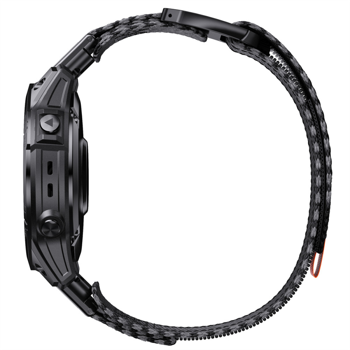 Ein schwarzes Smartwatch-Gehäuse mit einem grauen, gemusterten Armband.