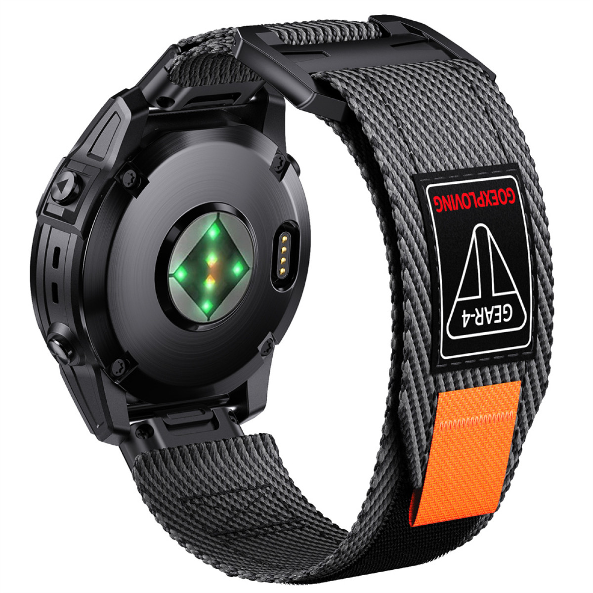 Schwarze Smartwatch mit Herzfrequenzmesser und grauem Stoffarmband mit orangefarbenem Akzent.