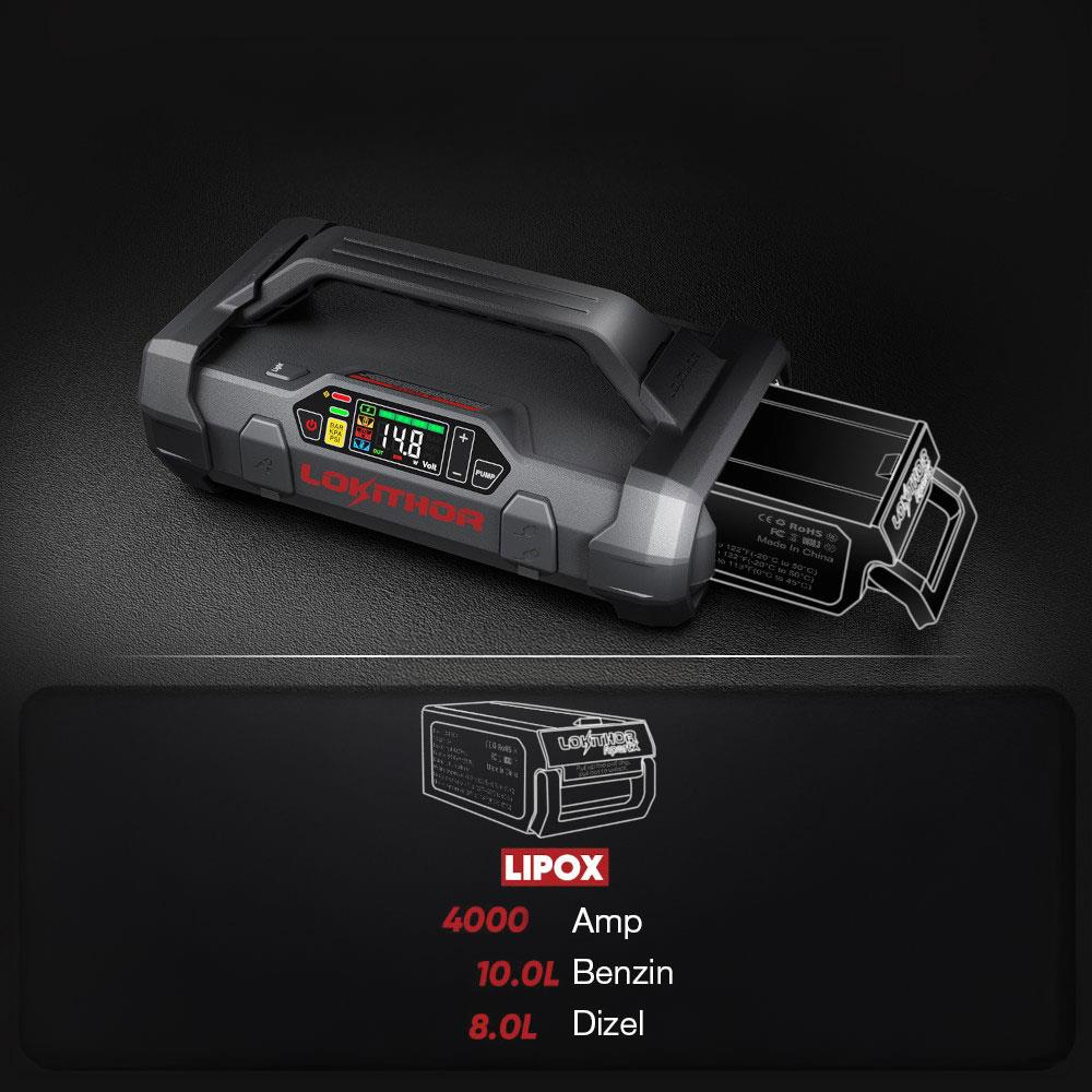 14,8 V ekranlı ve etiketli gri bir LOKITHOR akü takviye cihazı.