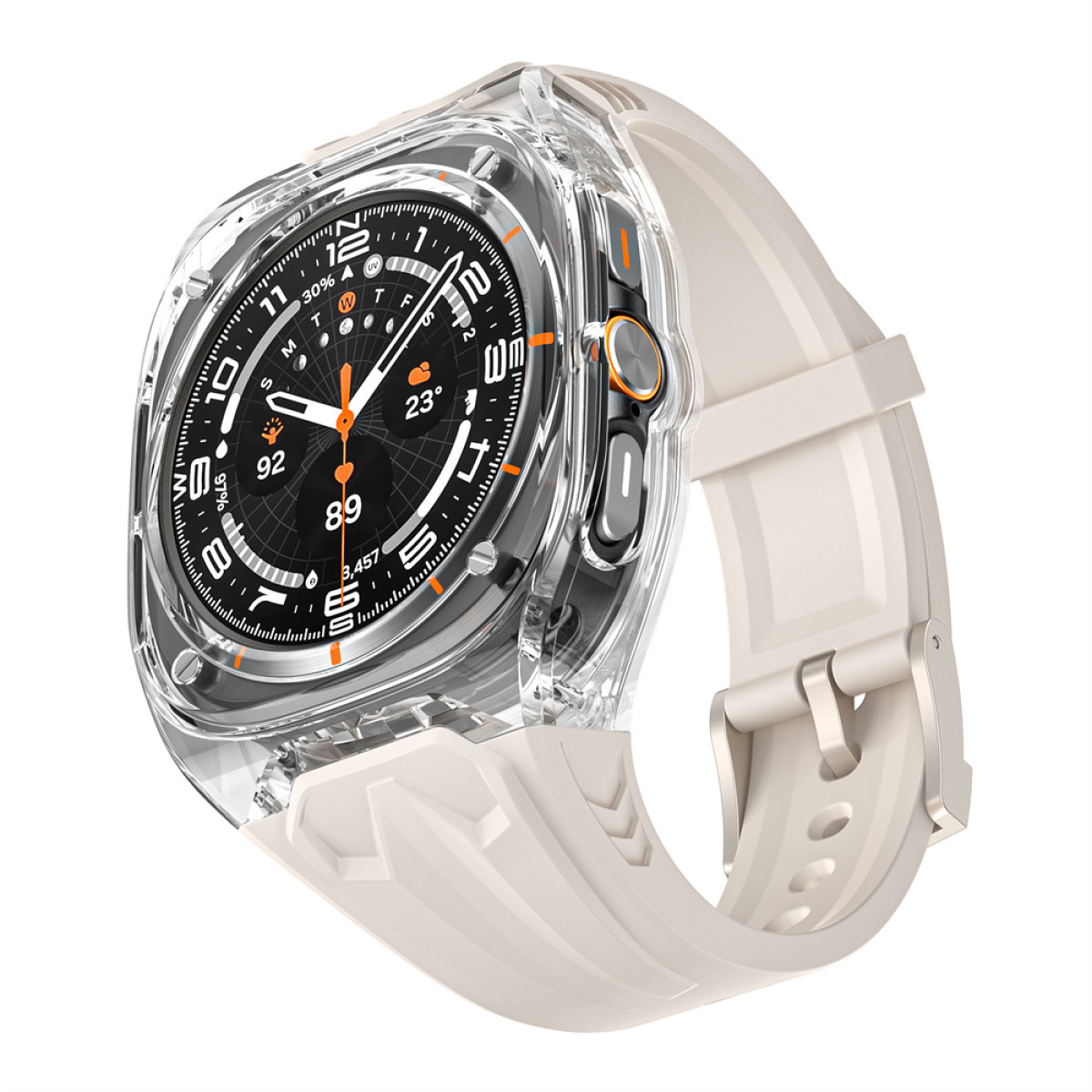 Eine transparente Smartwatch mit einem beigen Armband und schwarzem Zifferblatt.