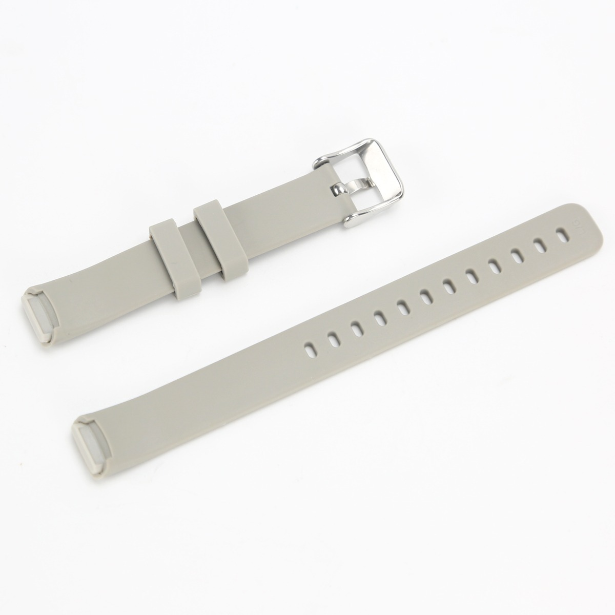 Due cinturini per orologi in silicone grigio con fibbia in metallo, su sfondo bianco.