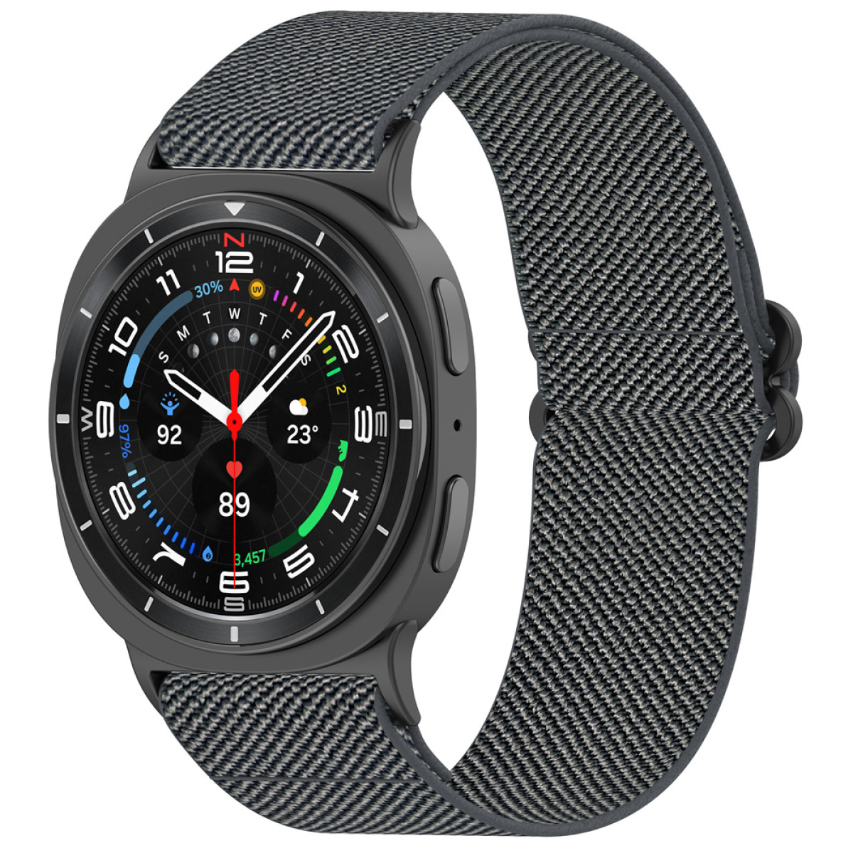 Uno smartwatch grigio con cinturino in tessuto nero e display informativo.
