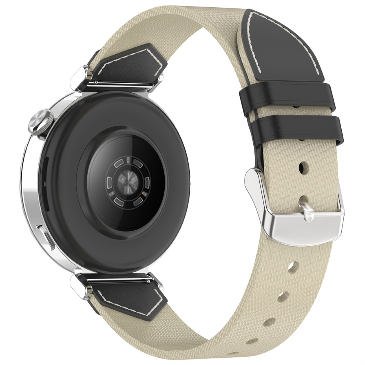 Rückseite einer Smartwatch mit beigem Armband und Metallschnalle.