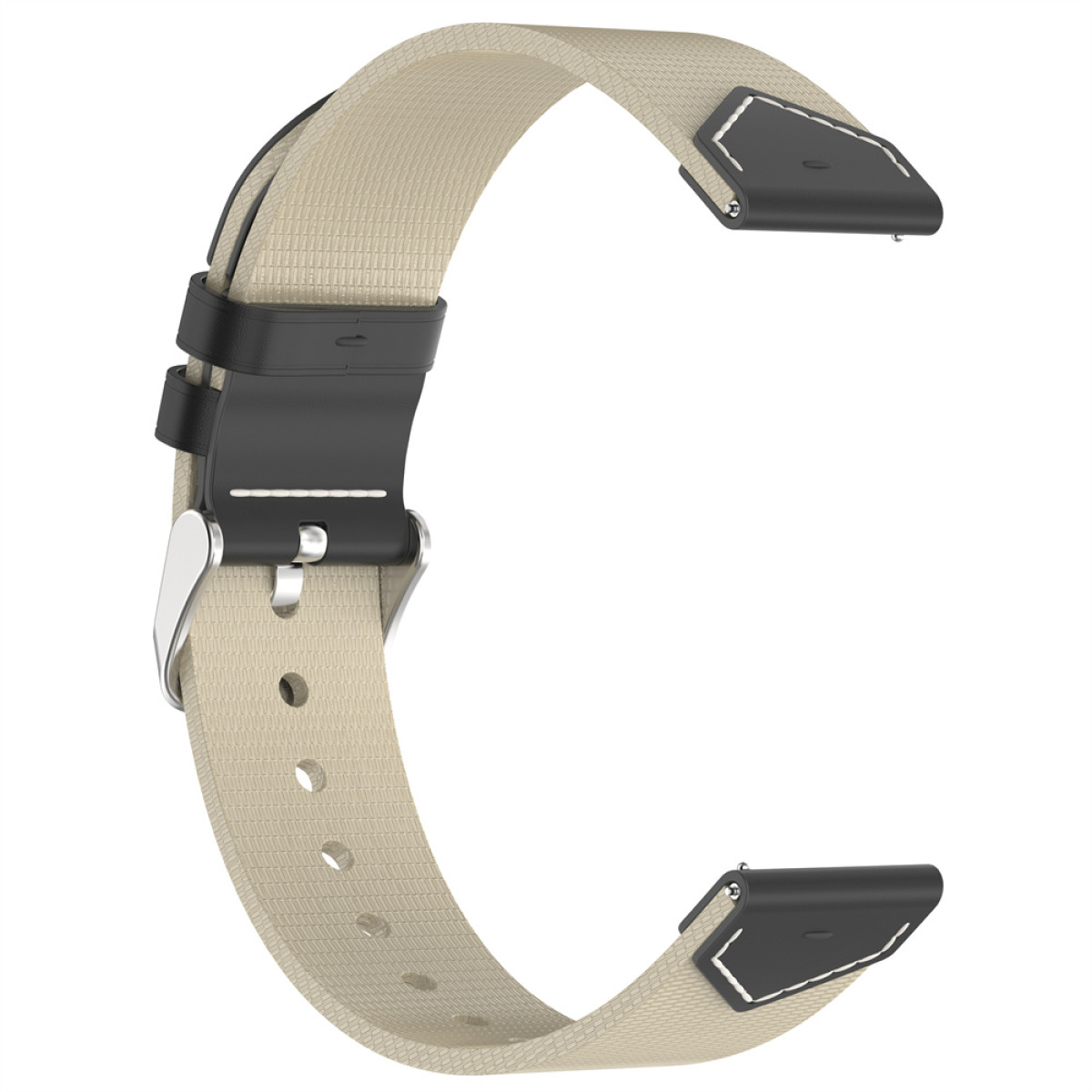 Beiger Uhrenarmband aus Stoff mit schwarzen Lederdetails und Metallschnalle.