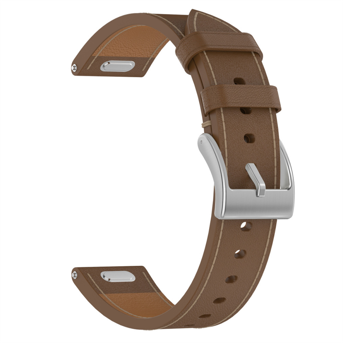 Cinturino in pelle marrone con fibbia e cuciture argentate.