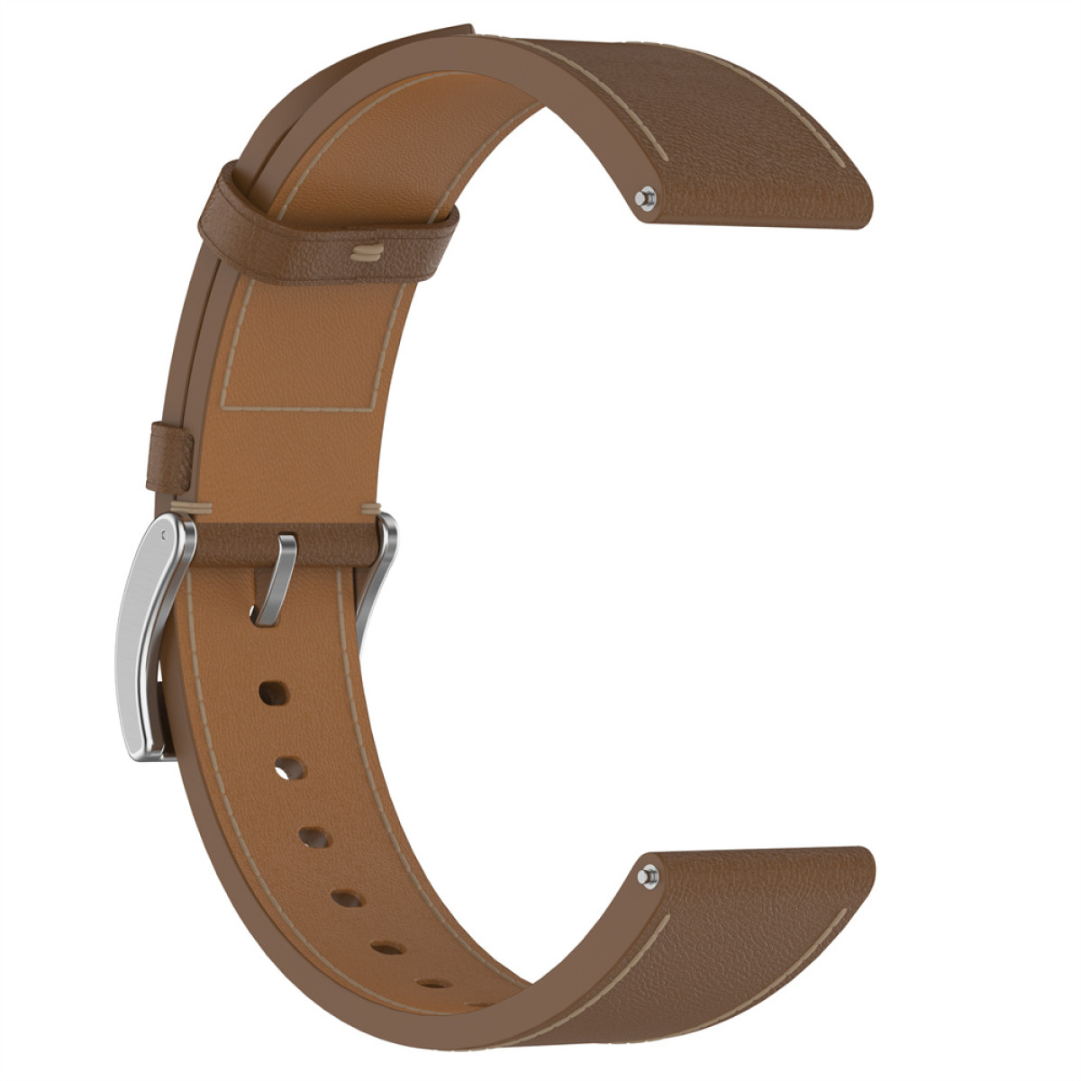 Ein braunes Lederarmband mit Metallschnalle und Nähten, auf weißem Hintergrund.