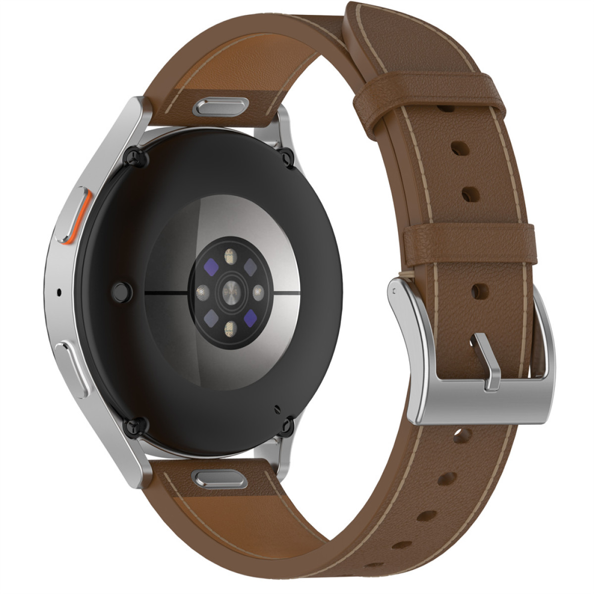 Rückseite einer Smartwatch mit braunem Lederarmband und Metallschnalle.