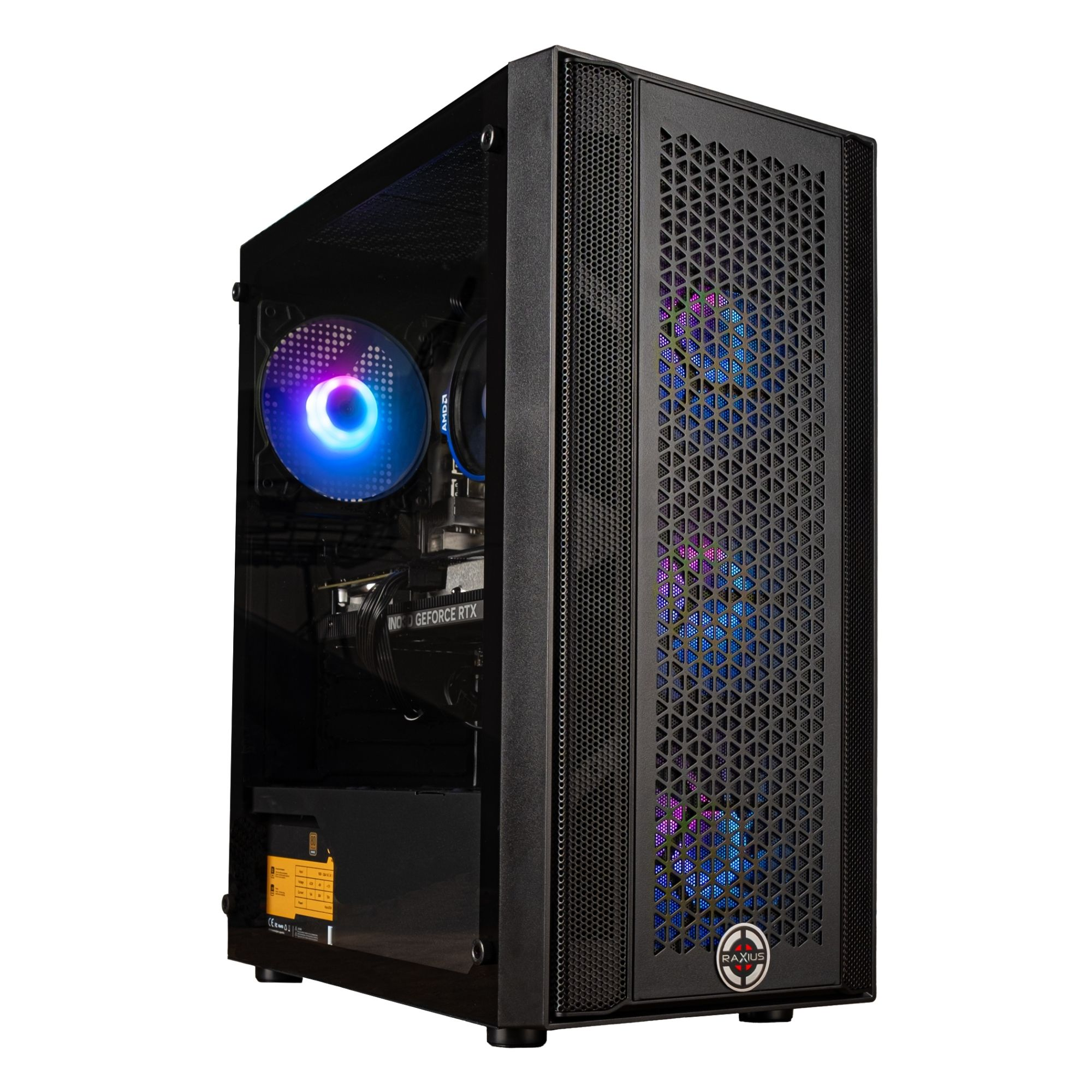 RGB fanlı ve file ön panelli siyah bilgisayar kasası. GeForce RTX grafik kartı görünüyor.
