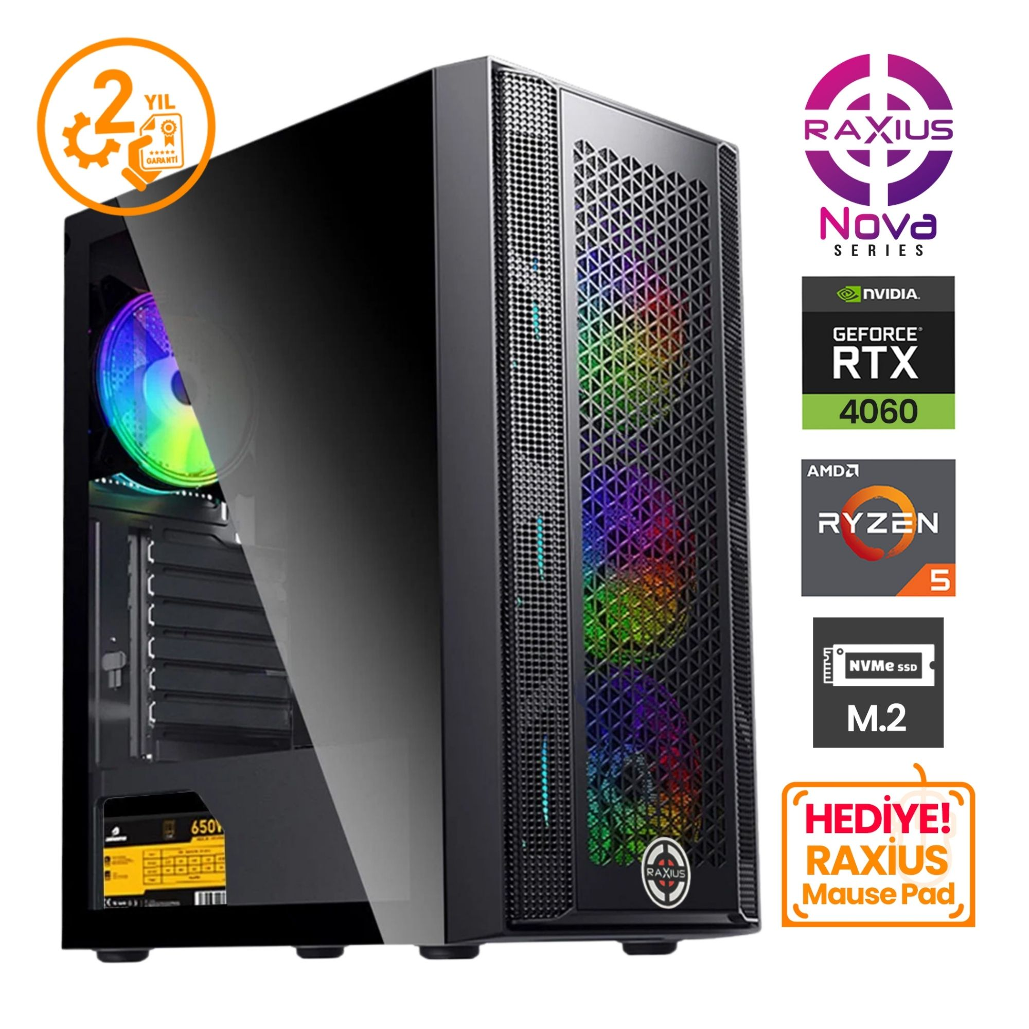 Cam önlü, RGB fanlı, RTX 4060, Ryzen 5 işlemcili siyah PC kasası.
