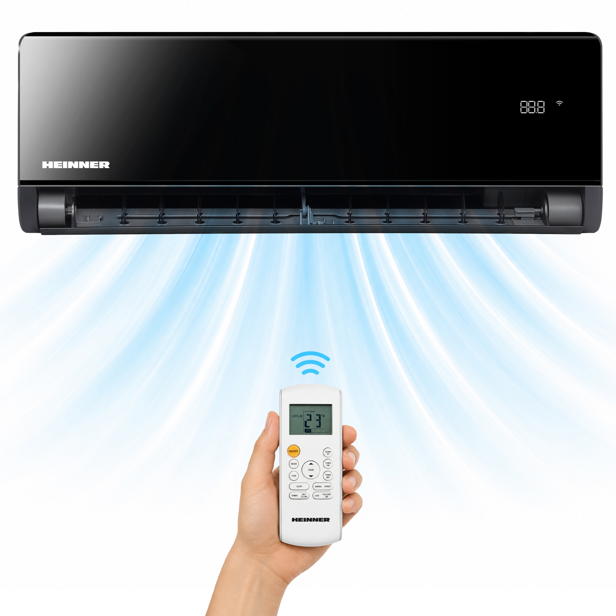 Black Heinner air conditioner unit with remote and blue air streams.