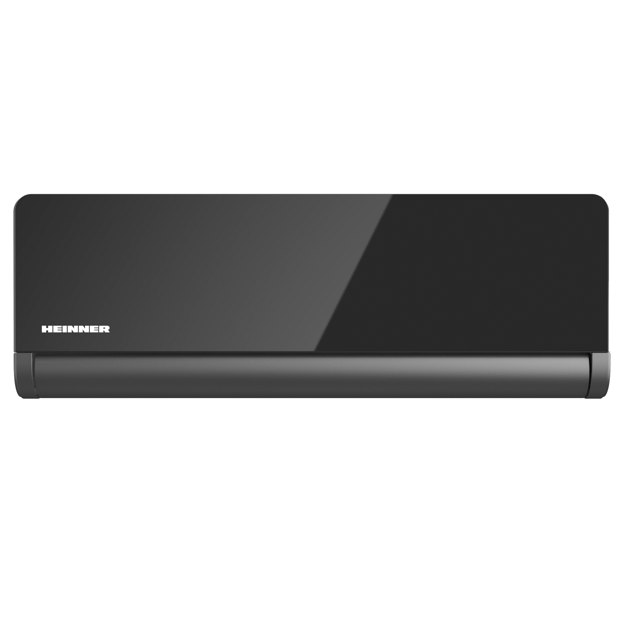 A sleek, black air conditioner with a glossy finish and the HEINNER logo.