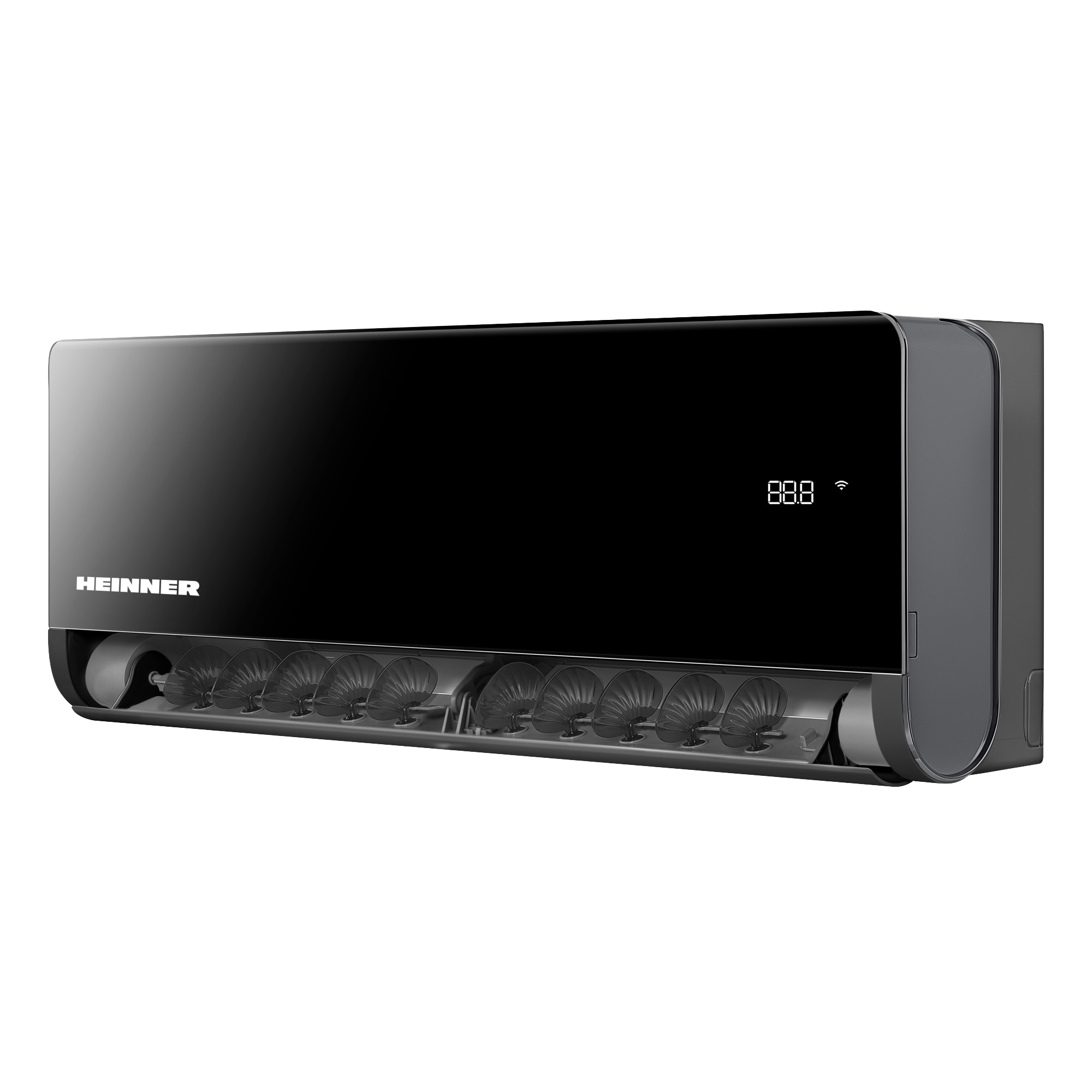 A black air conditioner with a digital display and fans.