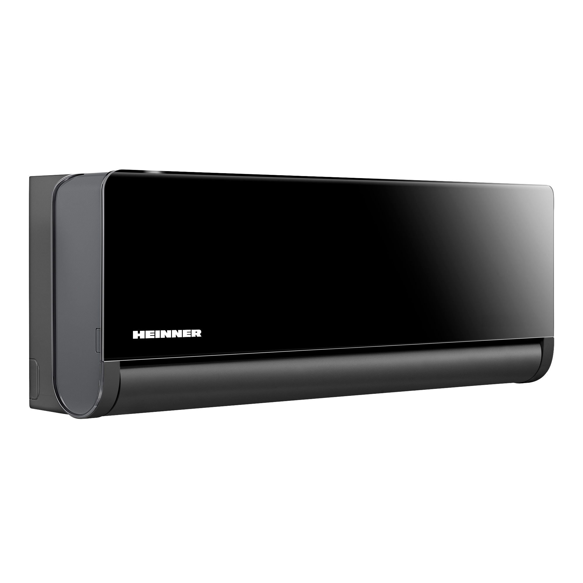 A black air conditioning unit with the logo on the front.