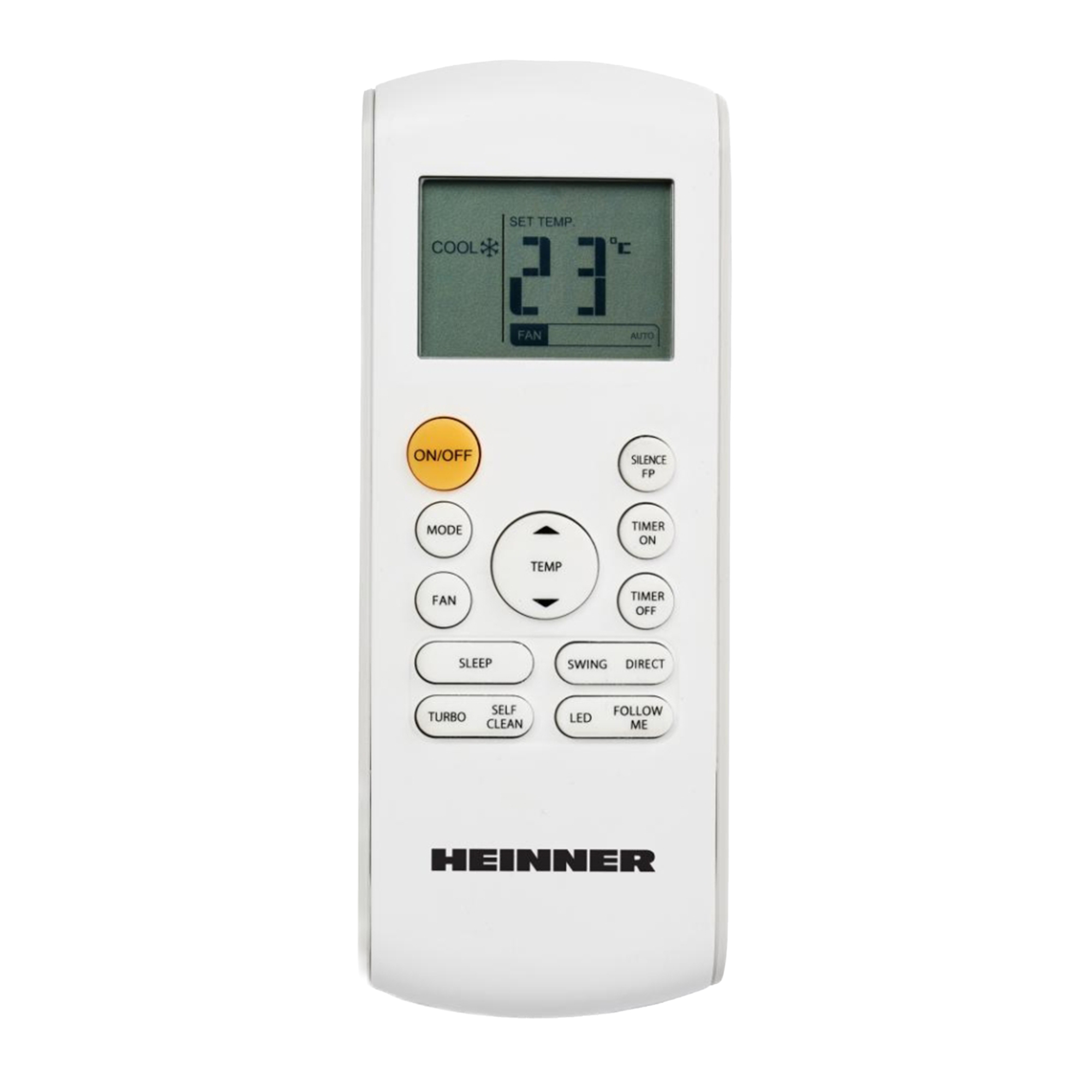 White air conditioner remote with LCD screen and buttons.