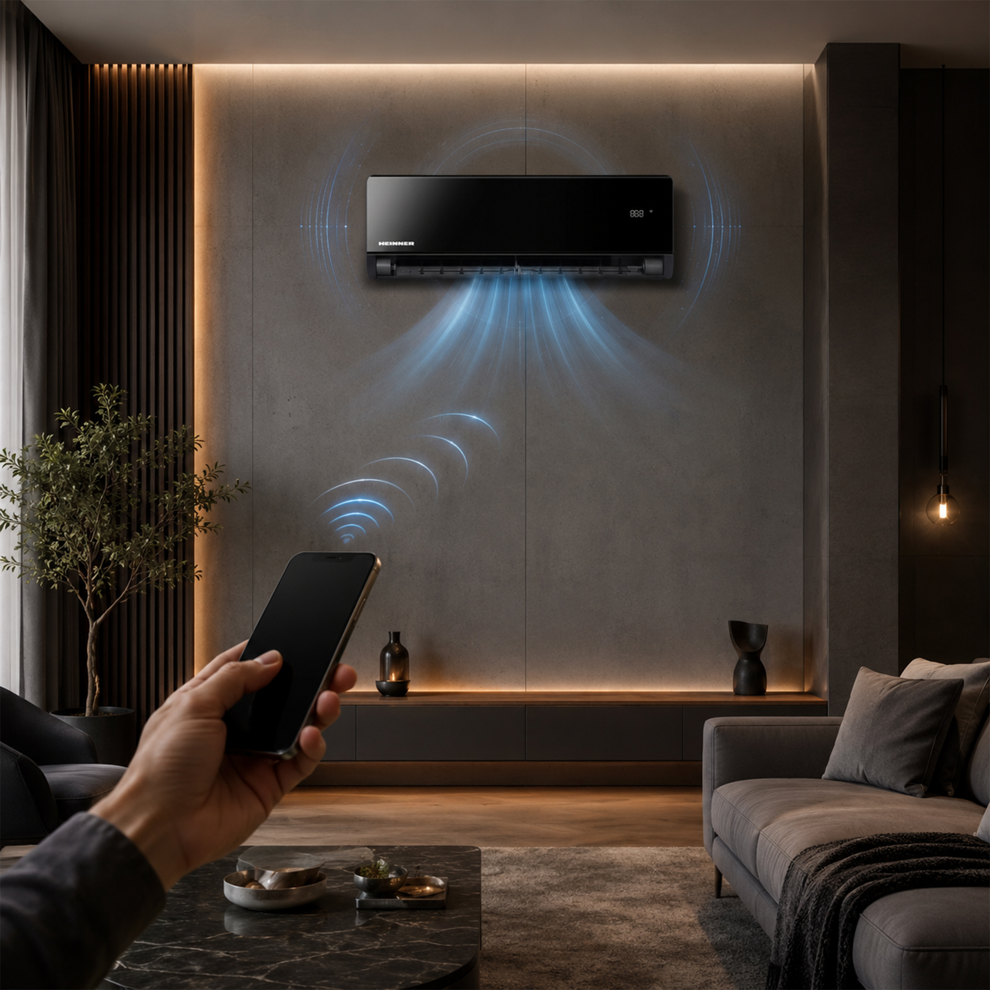 A black air conditioner unit on a wall emitting cool air.