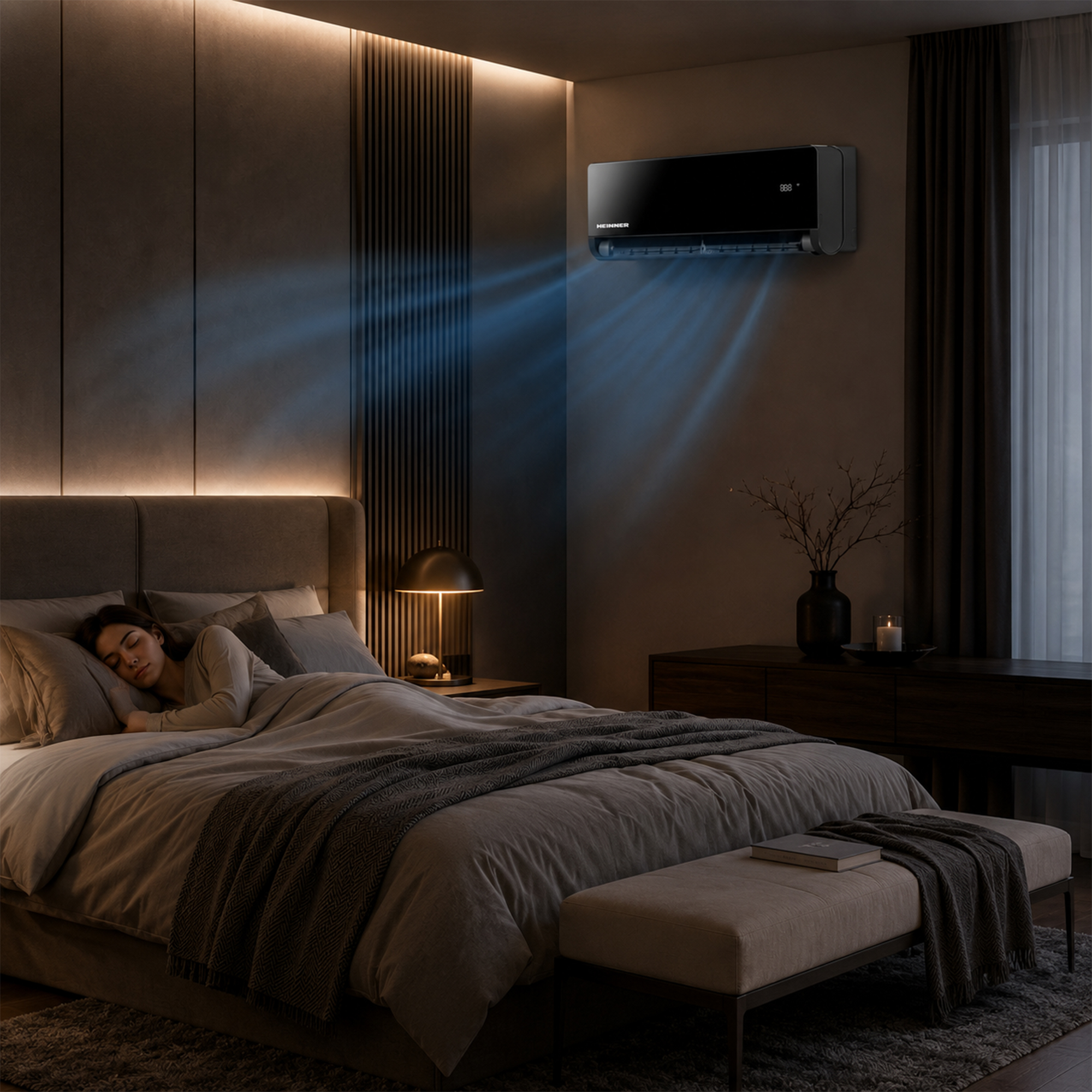 A woman sleeps in a dark bedroom as cool air emanates from an air conditioner.