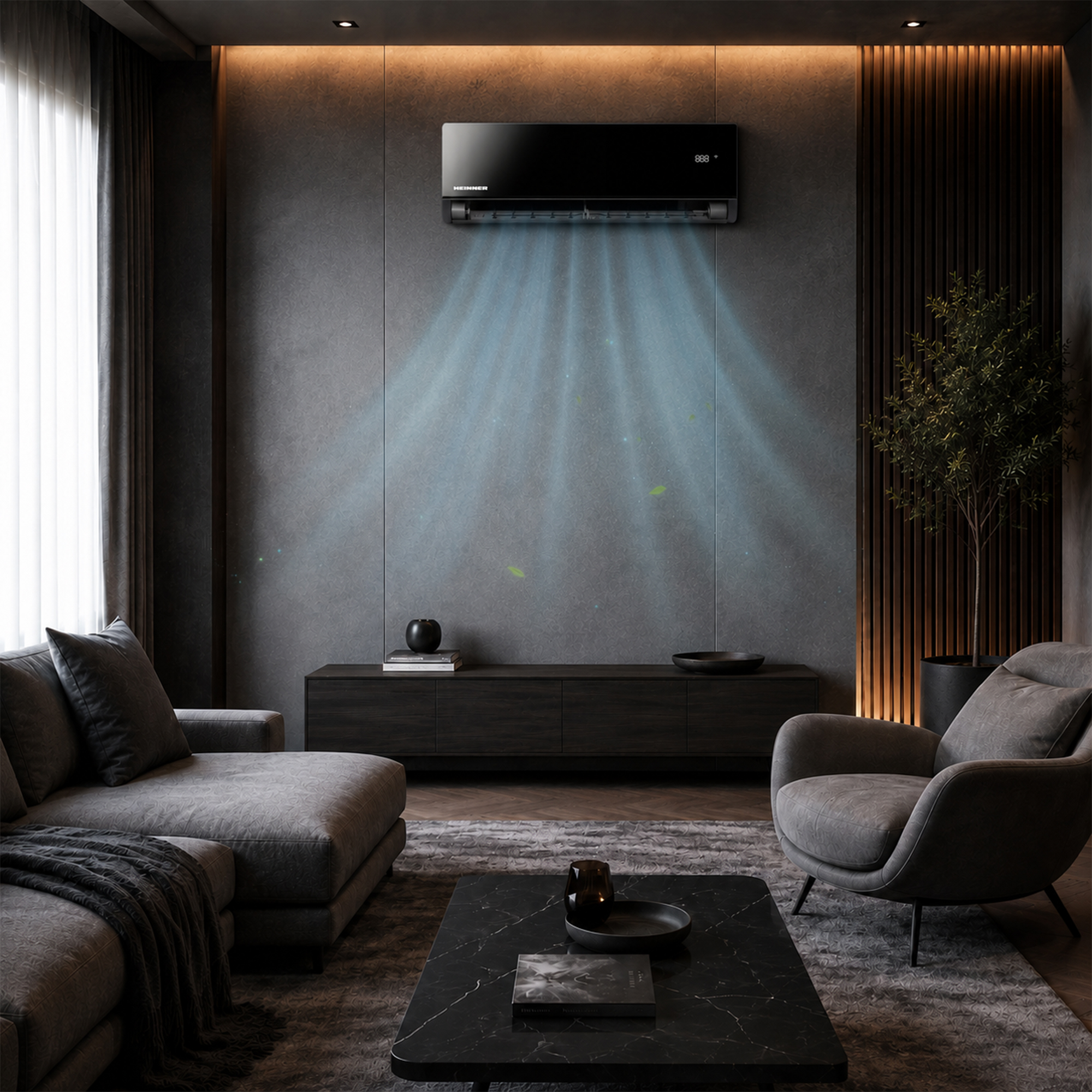 A modern living room with an air conditioner emitting cool air.