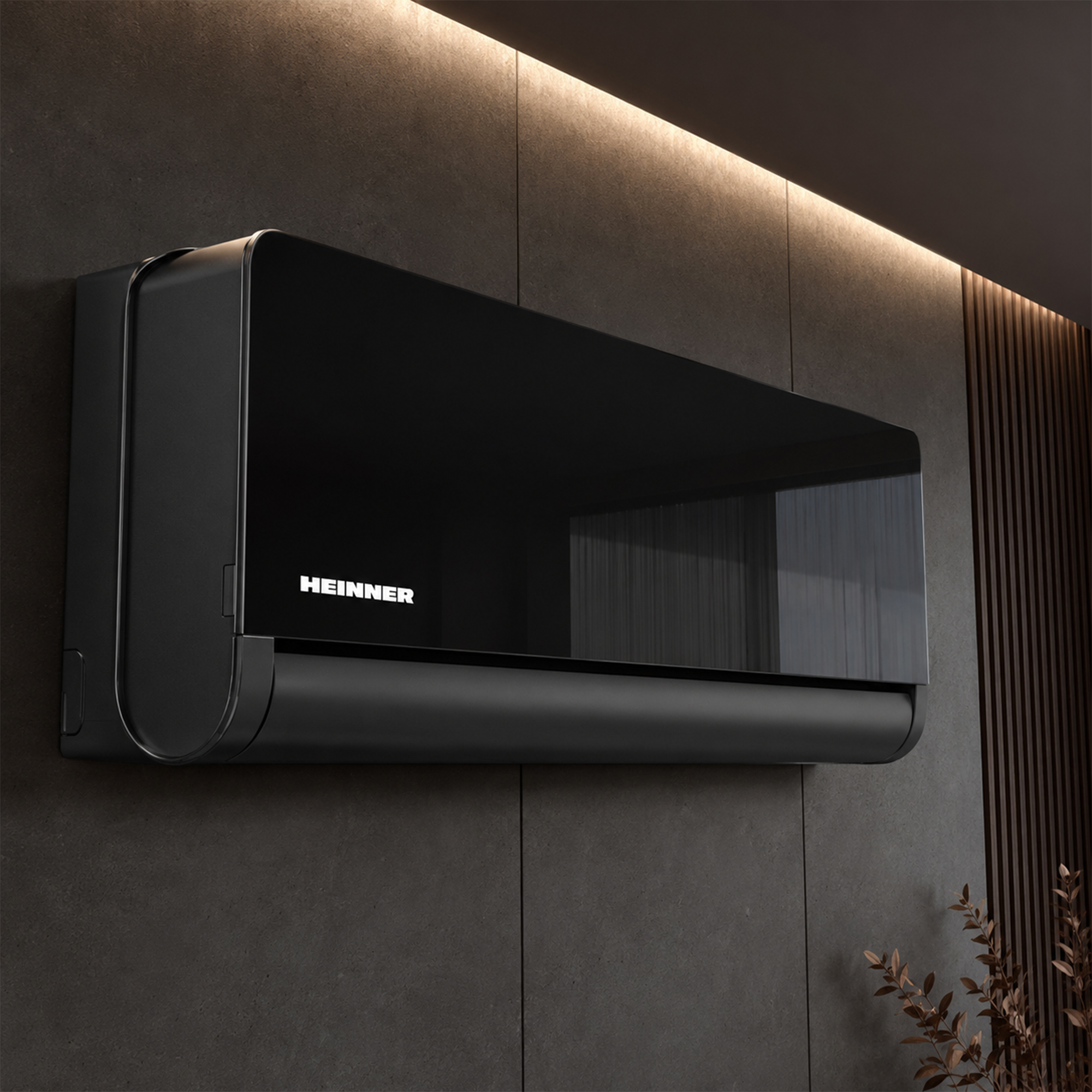 A sleek, black air conditioner with a reflective front panel hangs on an anthracite wall.