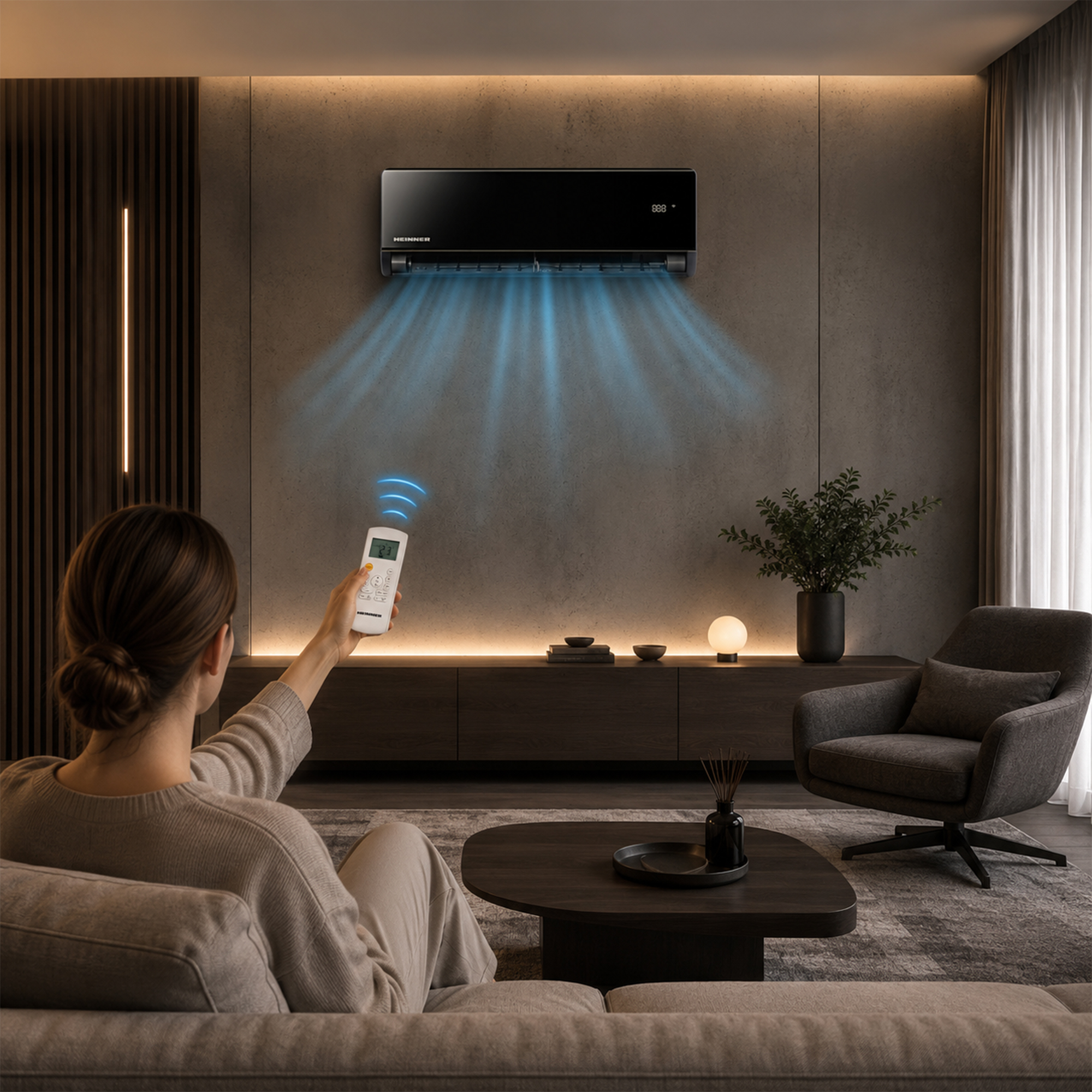 Woman uses remote to control air conditioner in a modern living room.