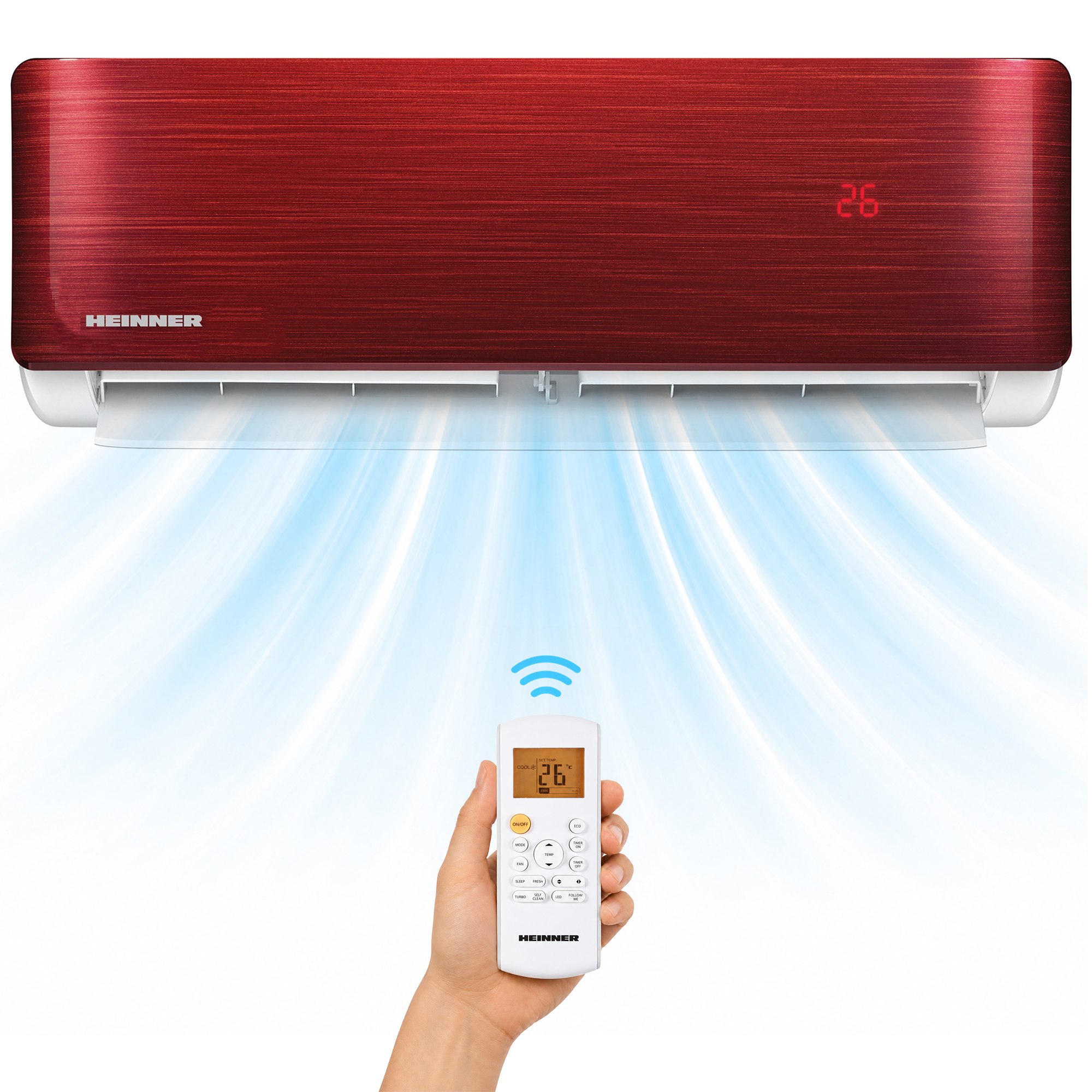 A red air conditioner with a remote control and blue air flow.