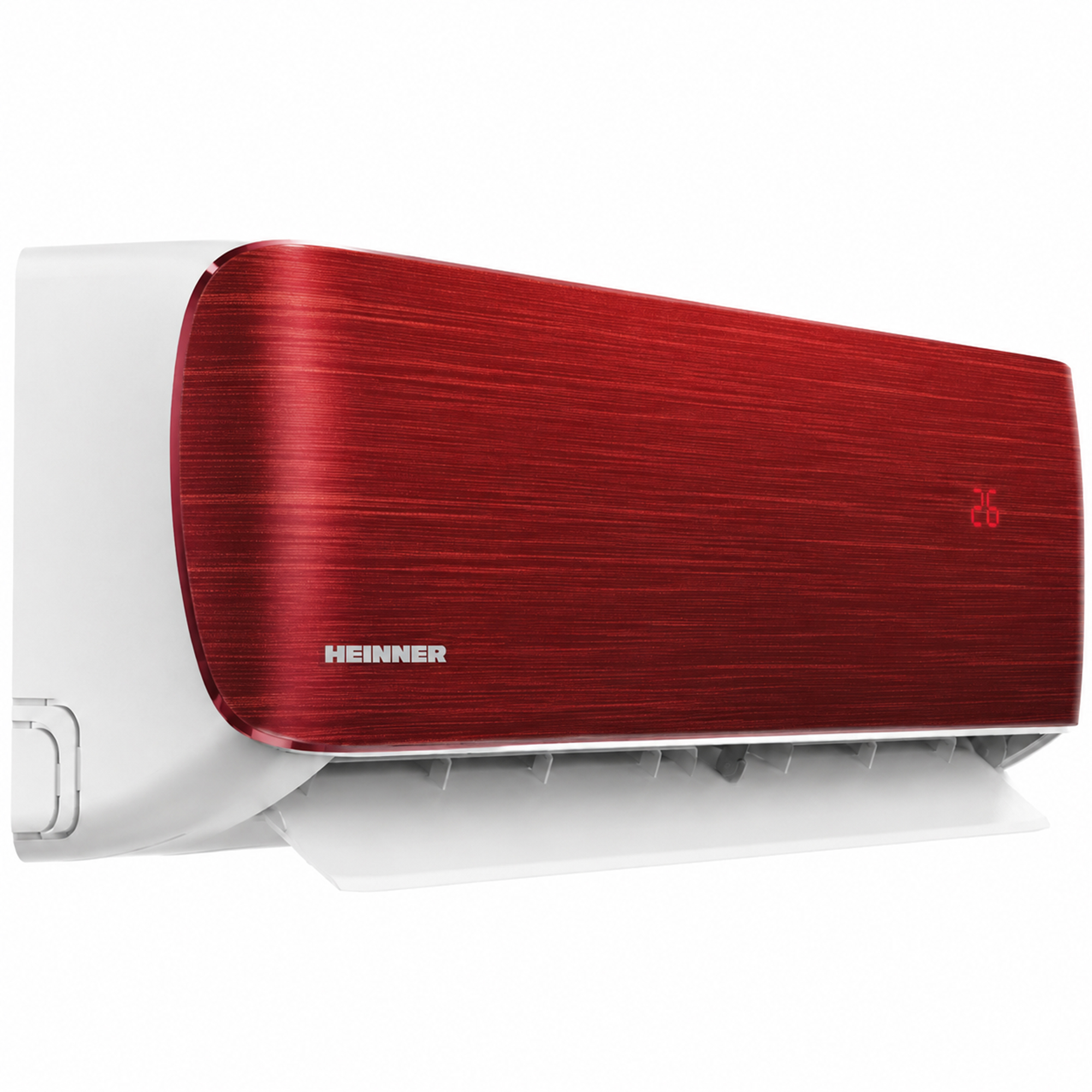 A white and red air conditioner indoor unit with a digital display showing 26.