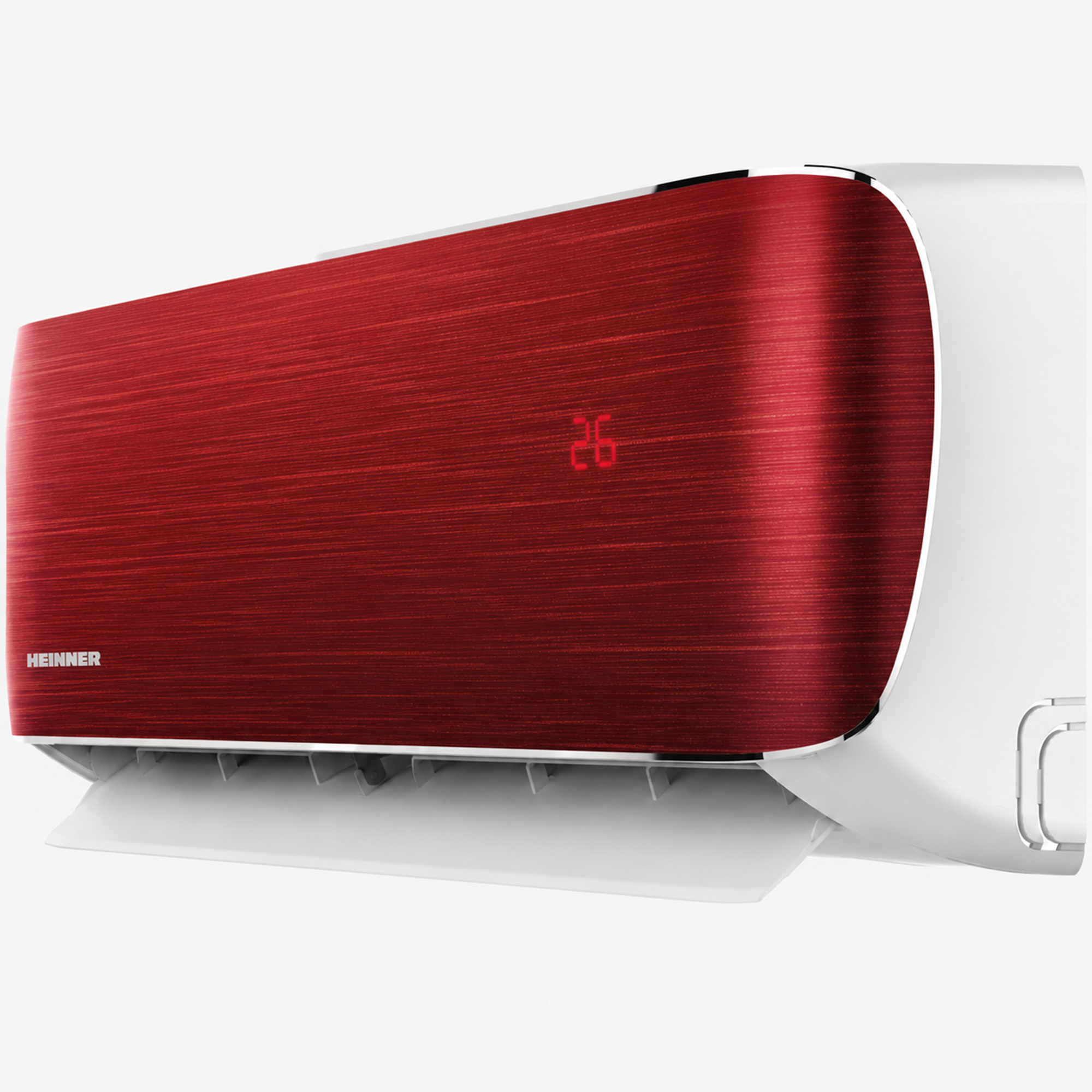 A white air conditioner indoor unit with a red front displaying the number 26.