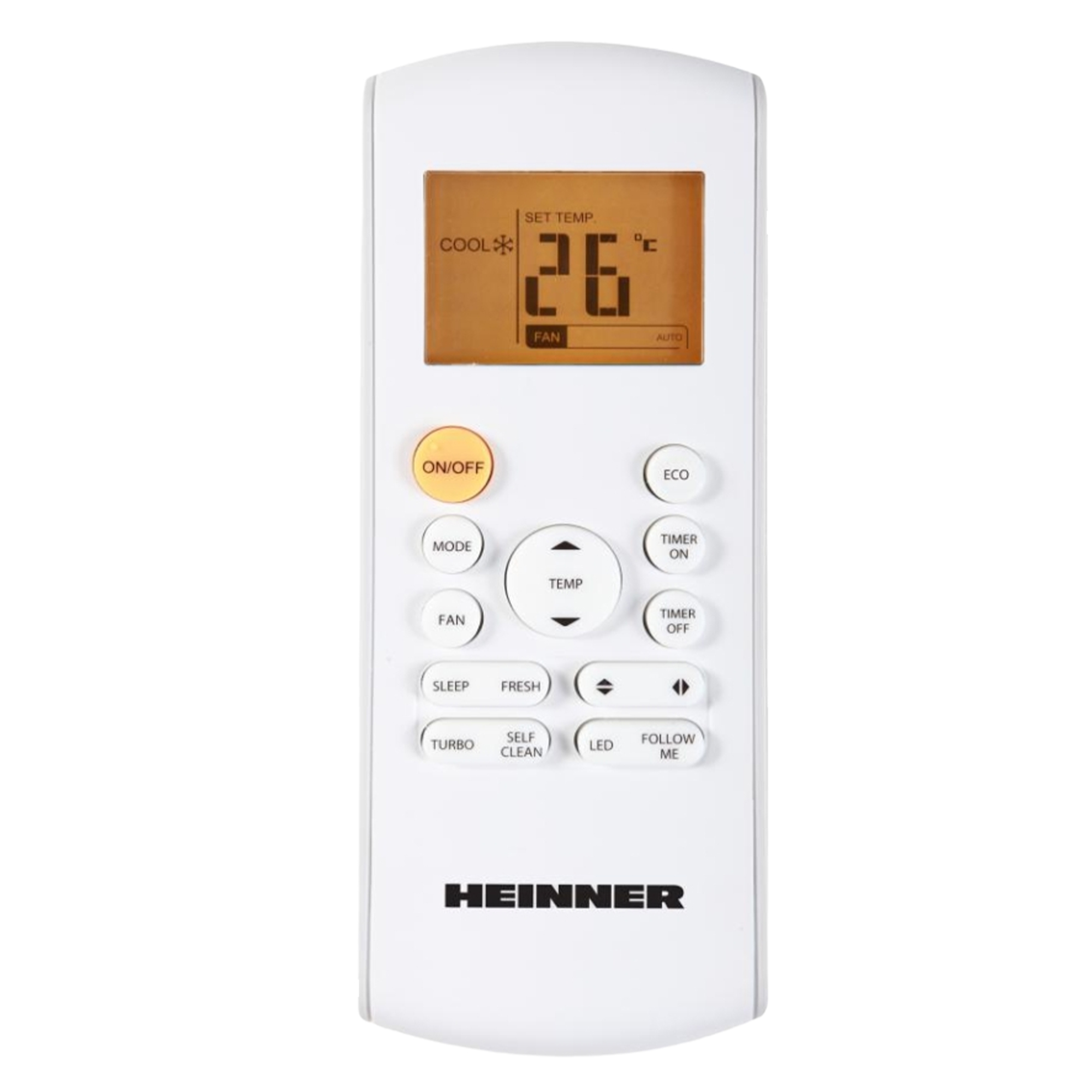 White remote with digital display showing 26°C.