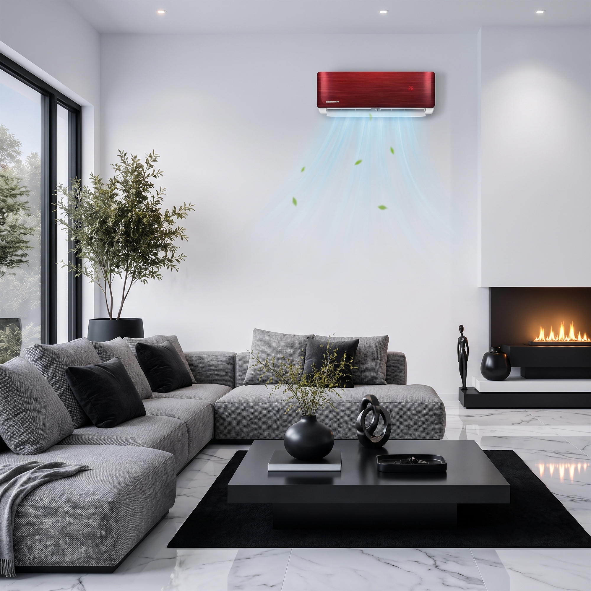 A red air conditioner cools a modern living room with a grey sofa and fireplace.