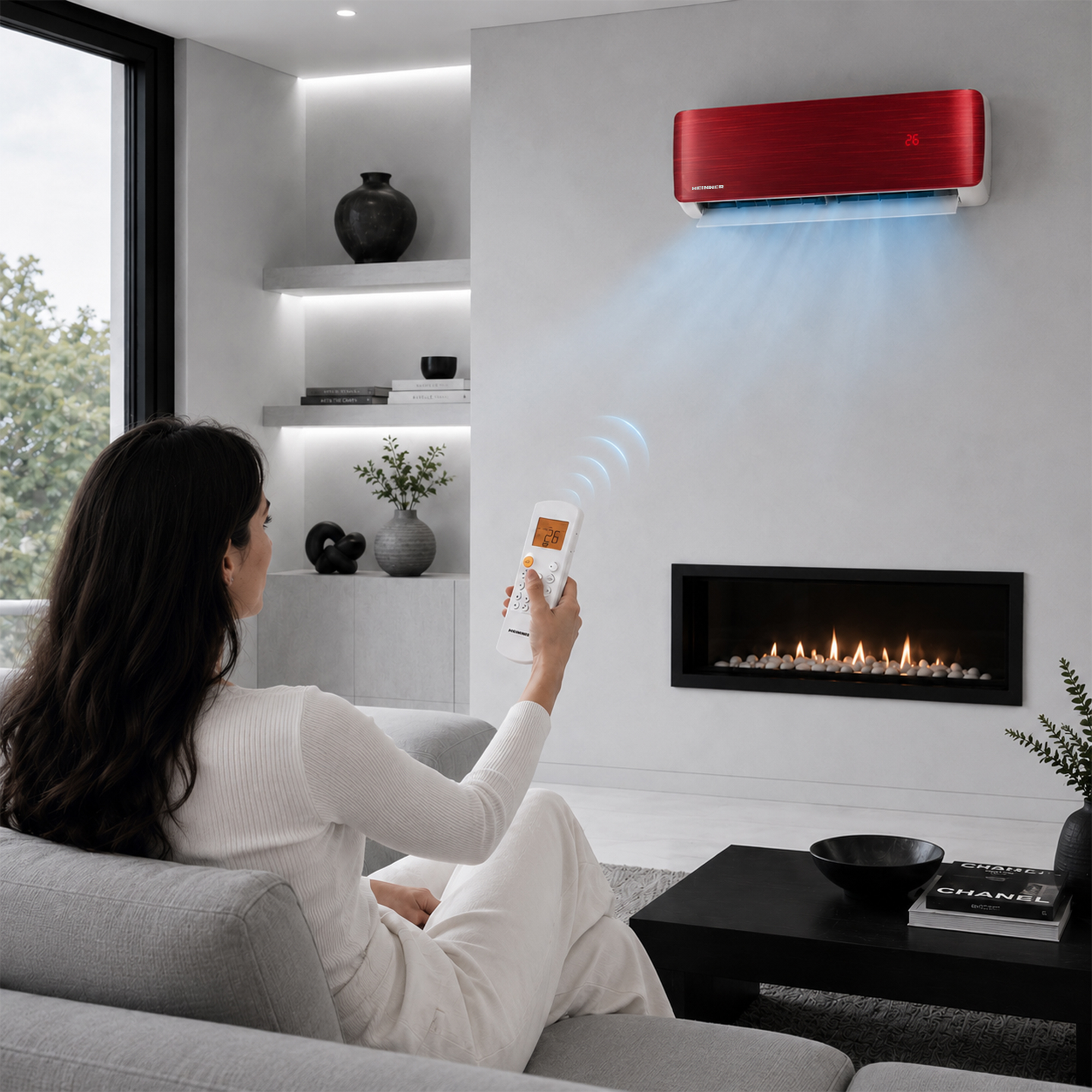 A woman operates an air conditioner with a remote in a modern living room with a fireplace.