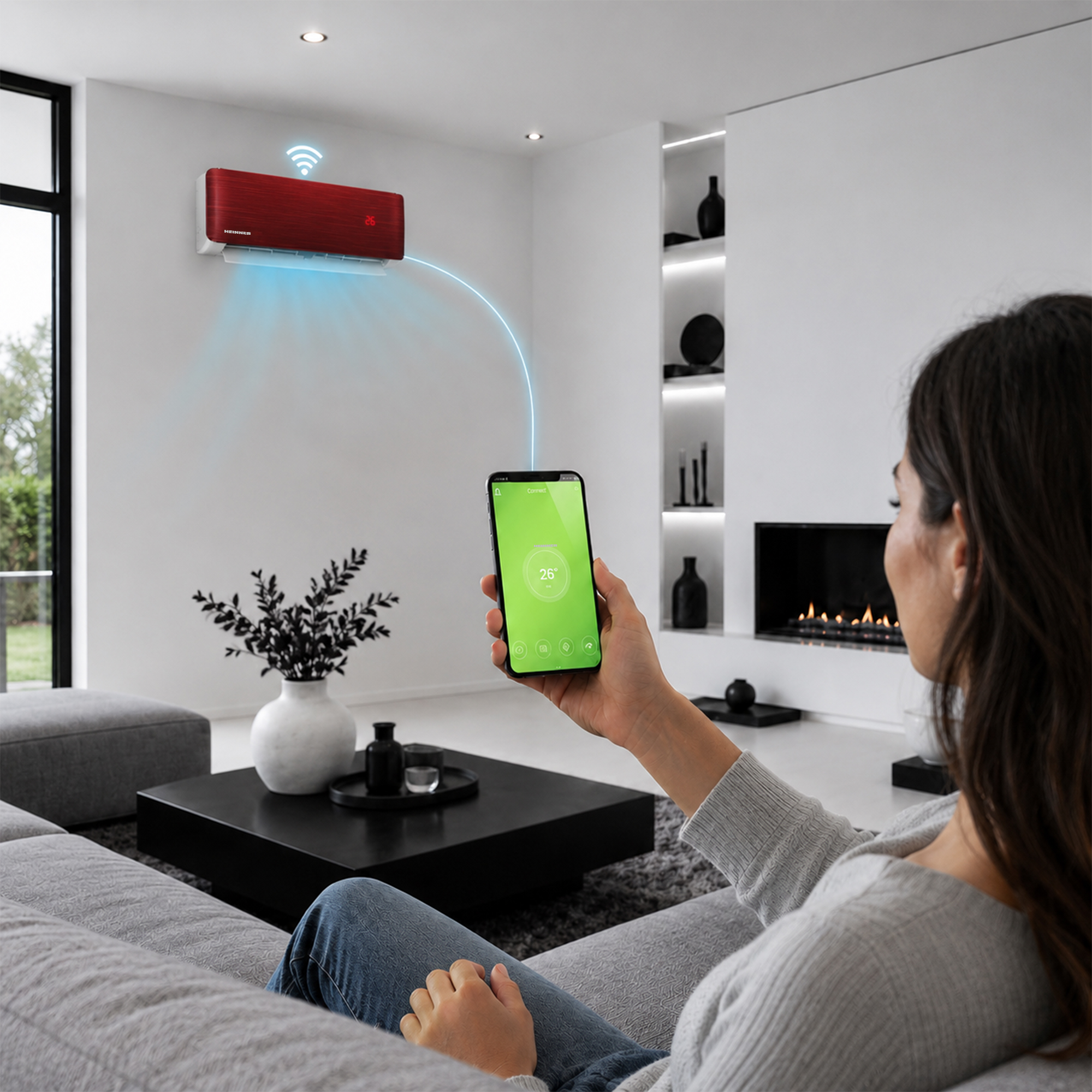 A woman controls an air conditioner via smartphone in a modern living room.