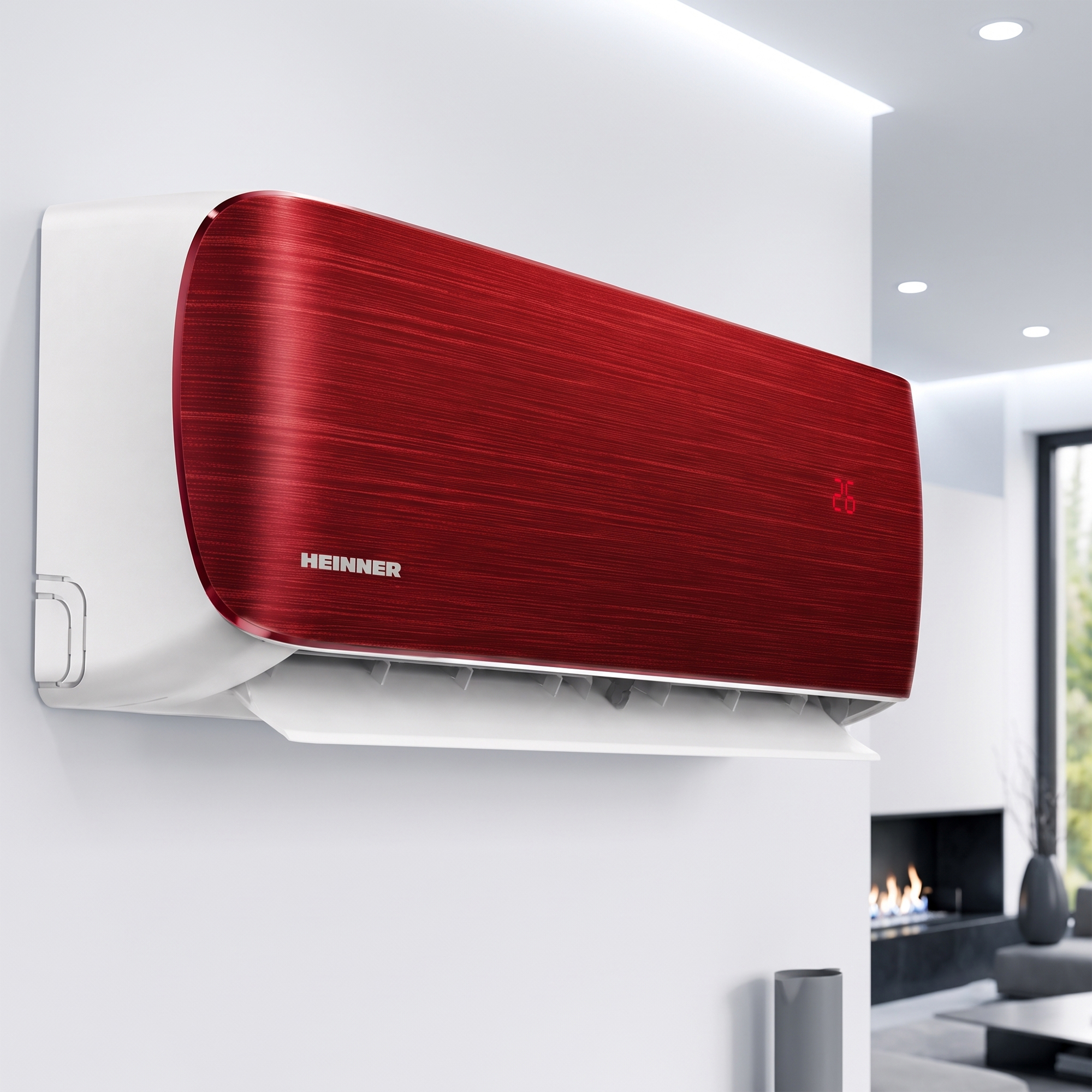 A red air conditioner with HEINNER logo on a white wall, displaying 26 degrees.