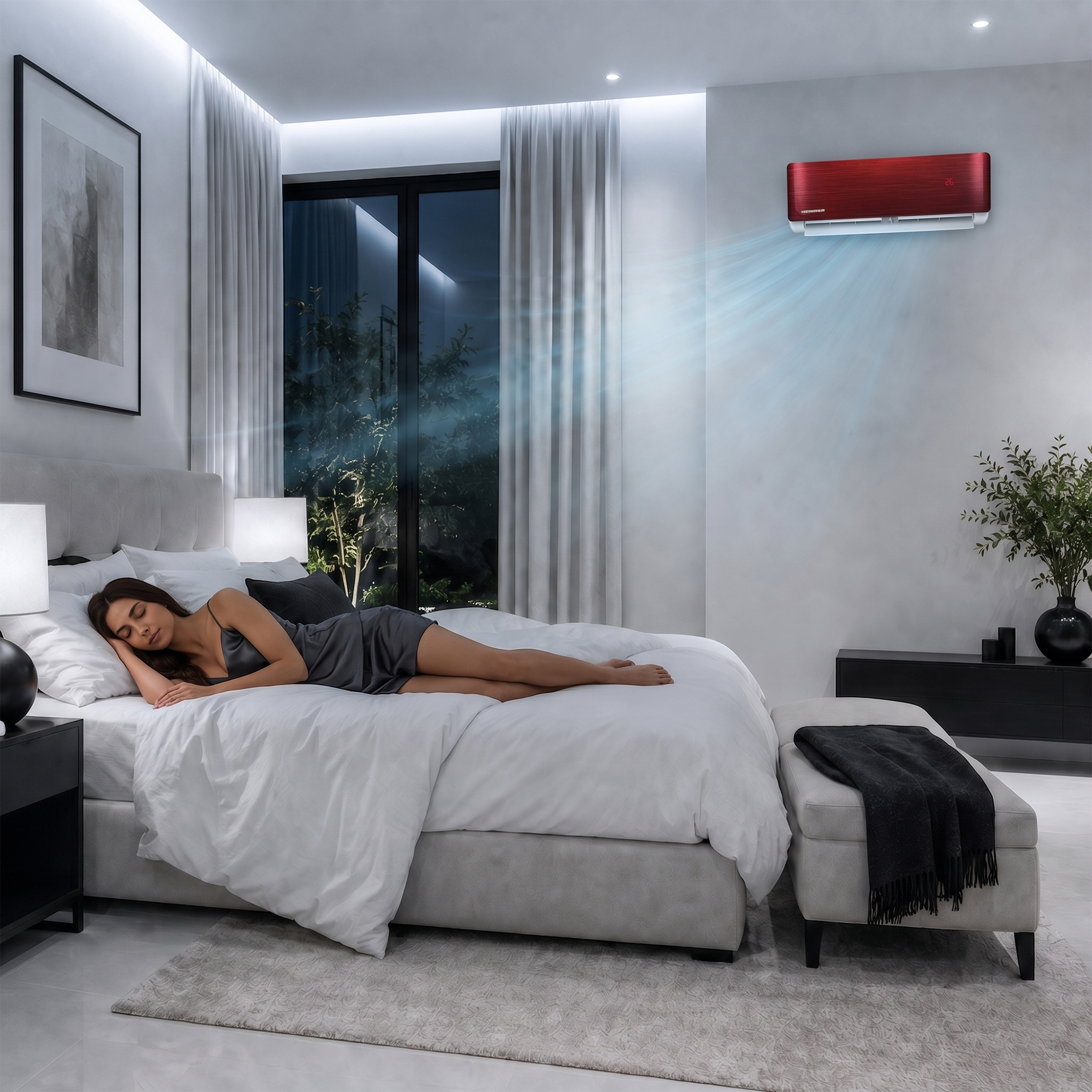 A woman sleeps in bed as a red air conditioner blows cool air.