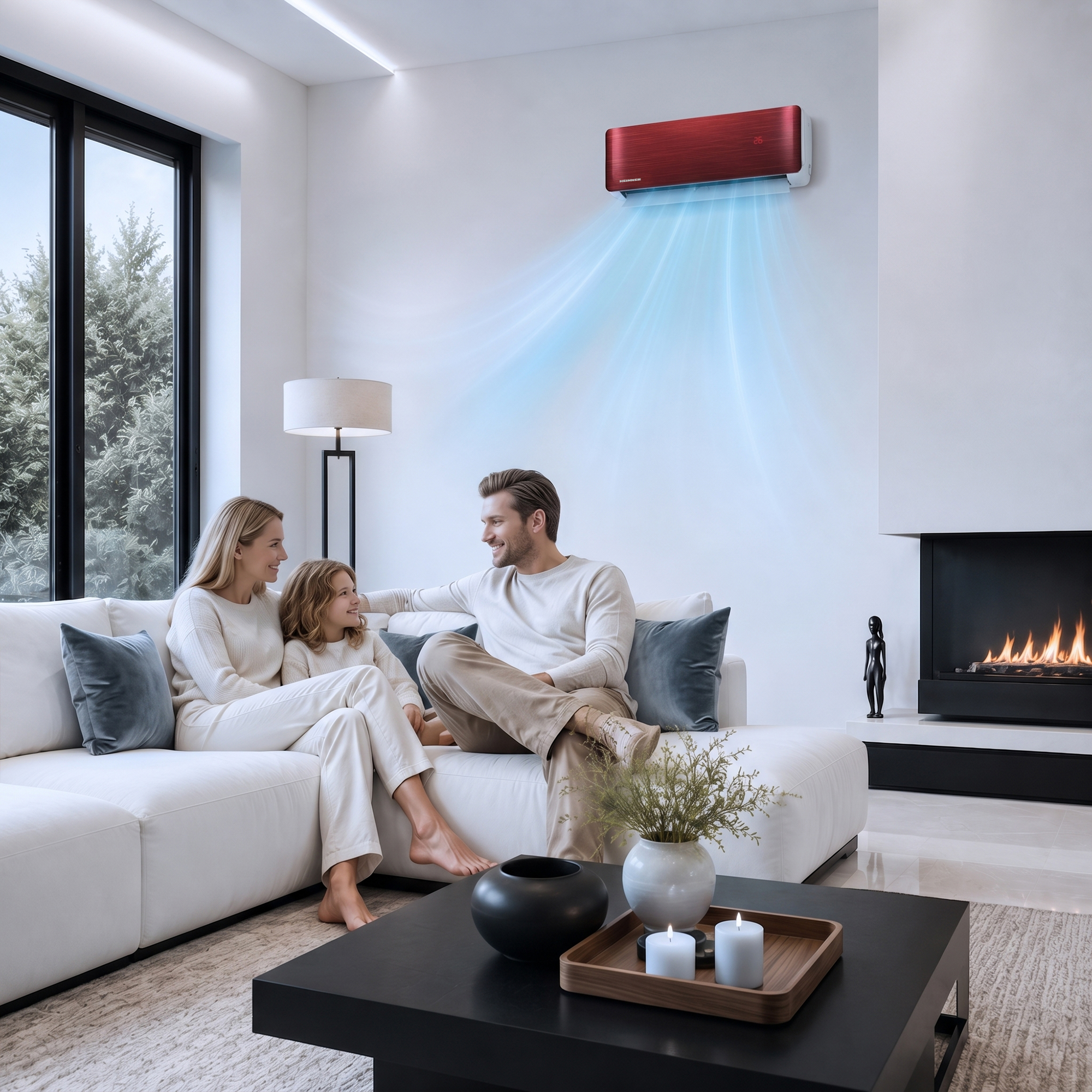 A family sits on a sofa as a red air conditioner blows blue cool air.