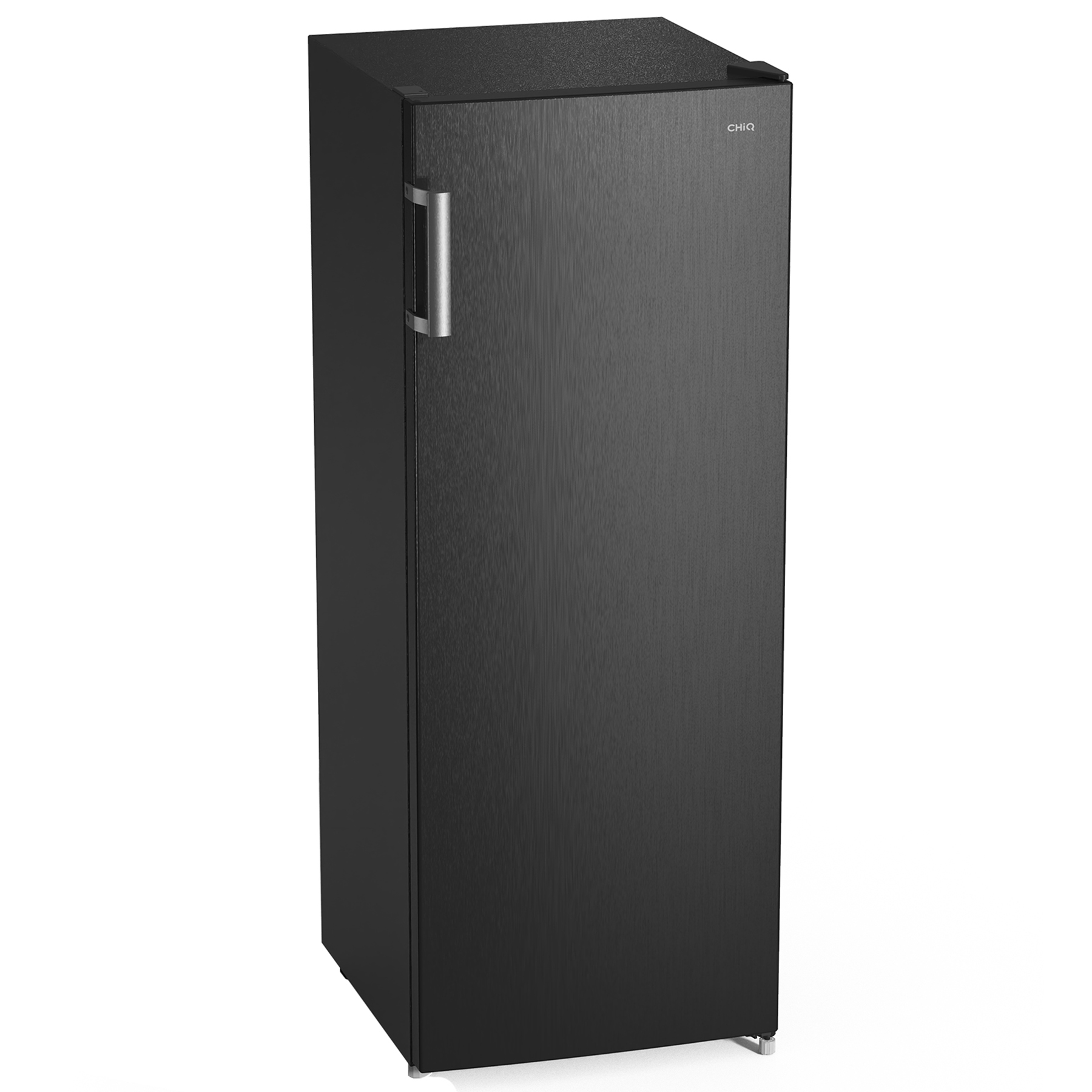 Un refrigerador alto, delgado y negro con un asa plateada y logo.