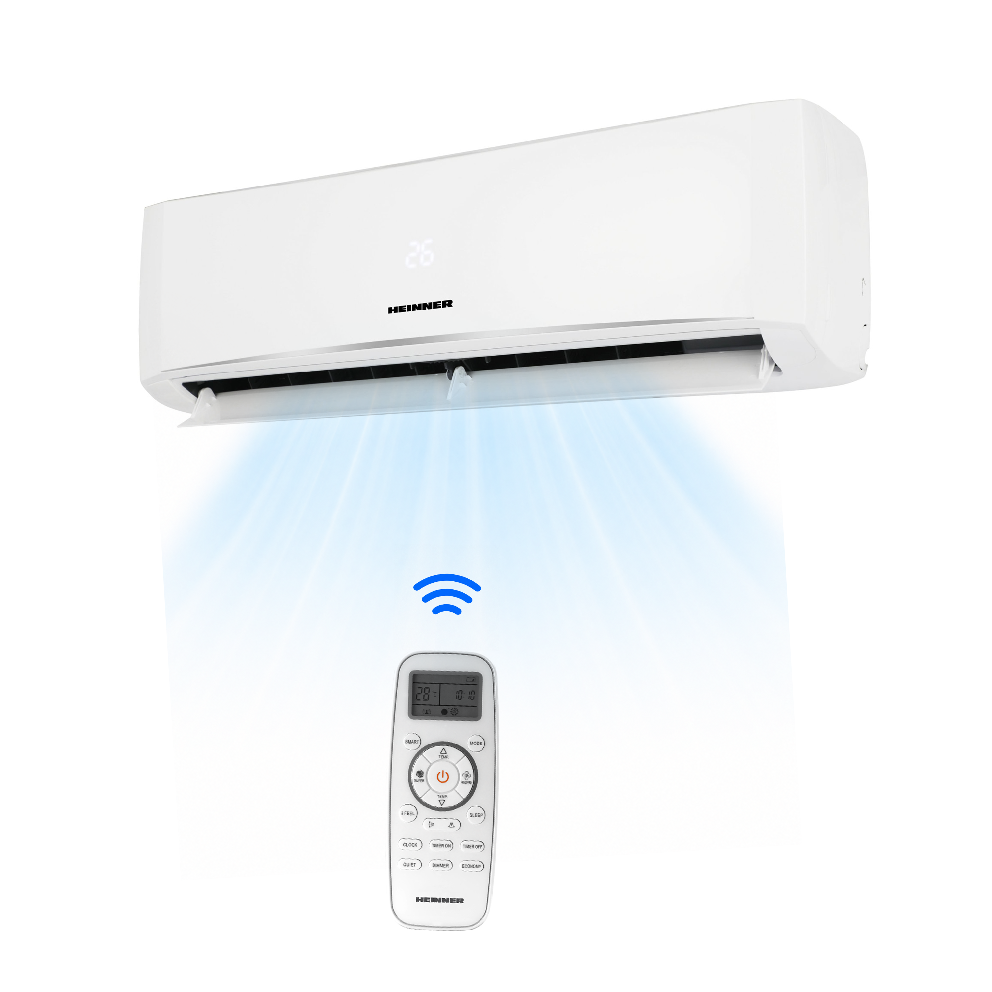 A white air conditioner with remote, blowing cool air.