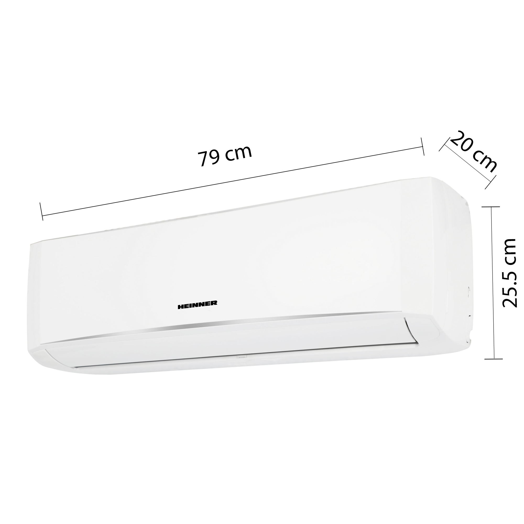 A white air conditioner unit measuring 79 cm in length, 20 cm in depth, and 25.5 cm in height.