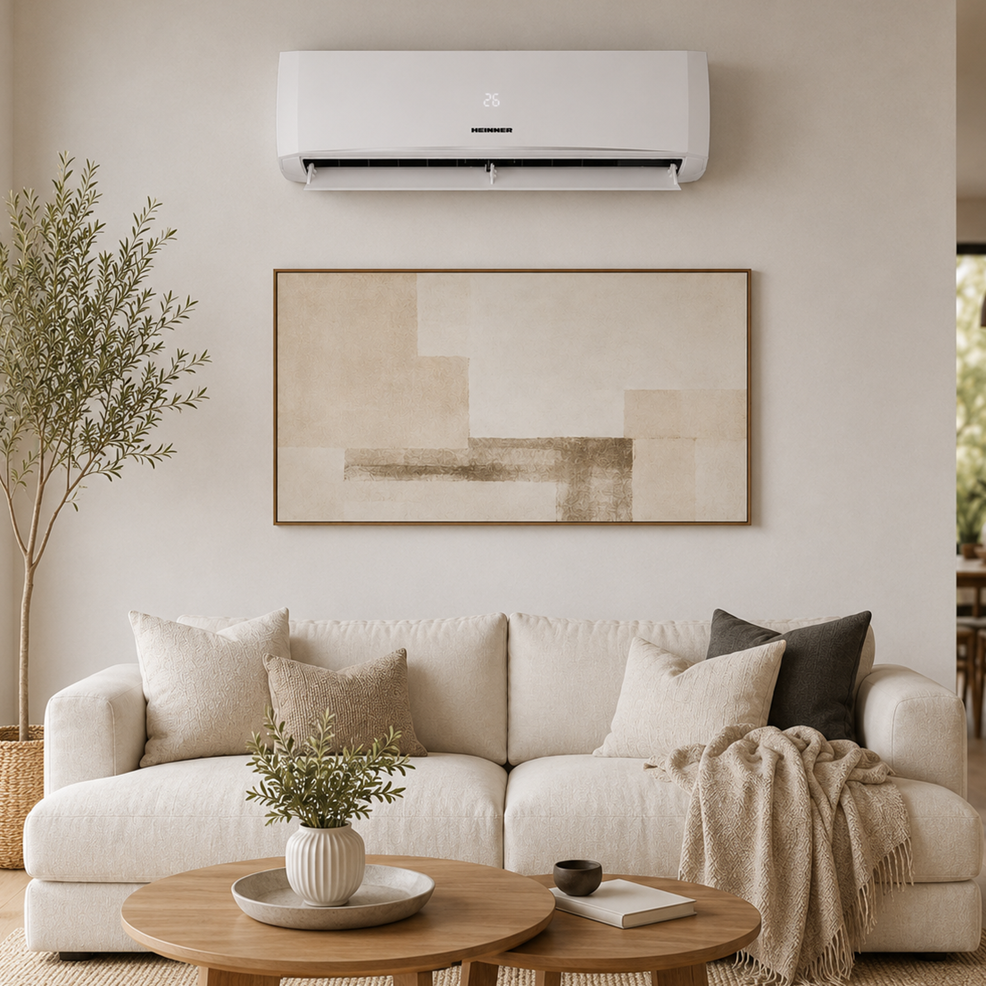A white air conditioner above a sofa with cushions and a throw blanket.