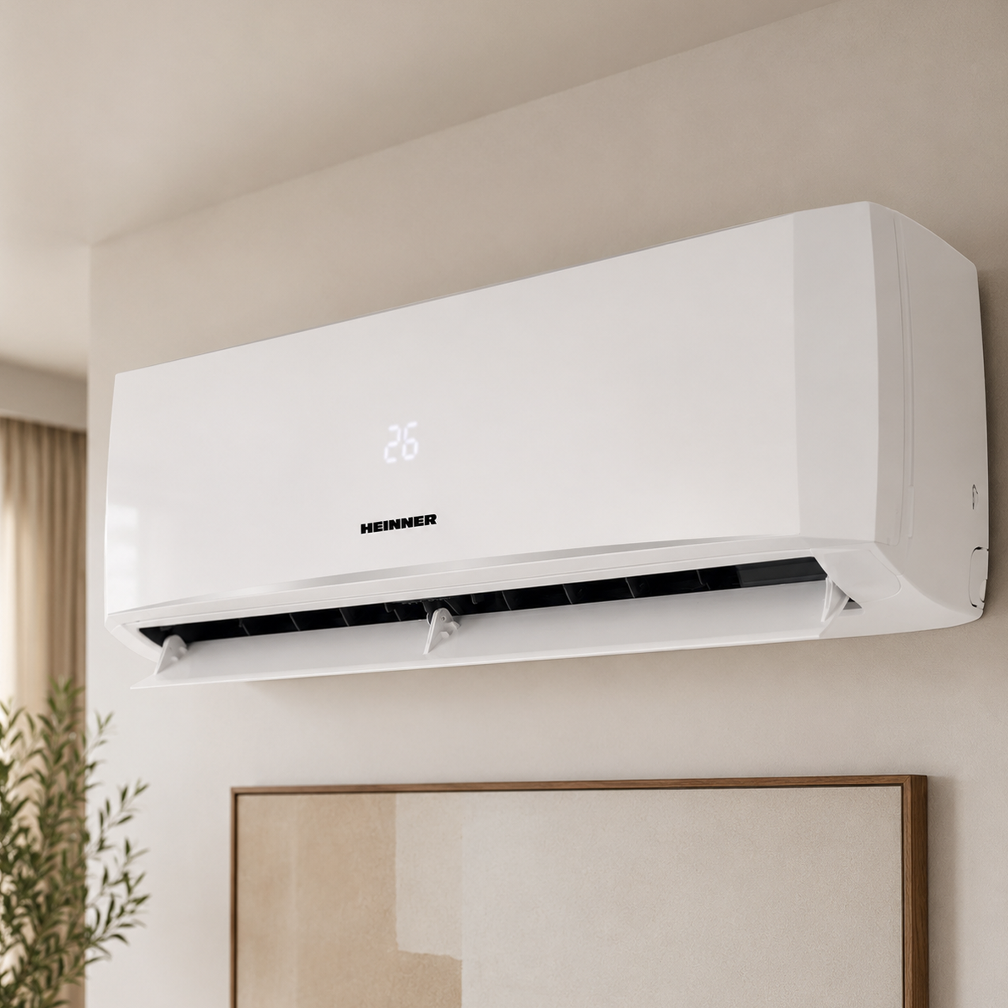 A white air conditioner on a wall displays 26 degrees Celsius.