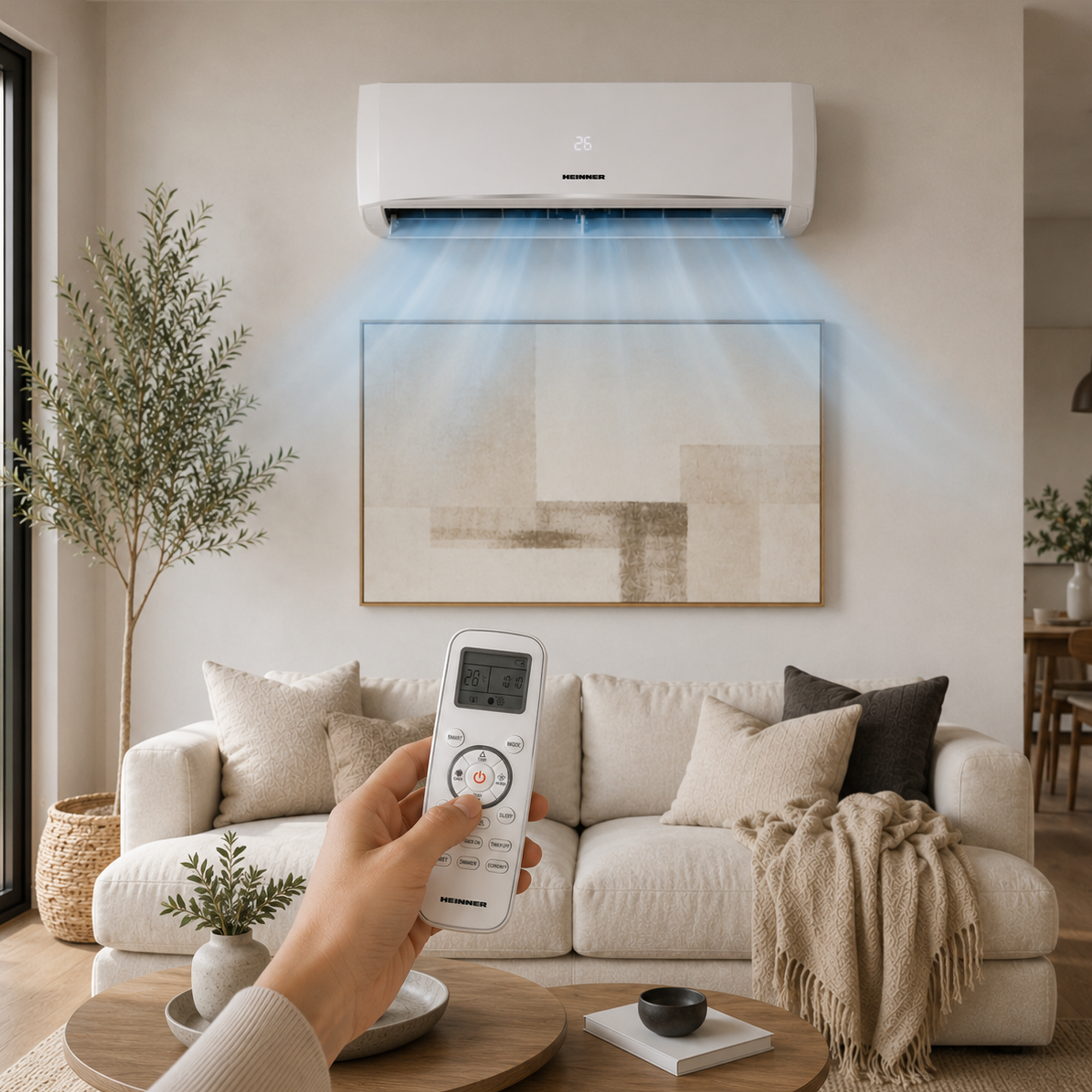 A hand holds a remote control in front of an air conditioner blowing cool air.