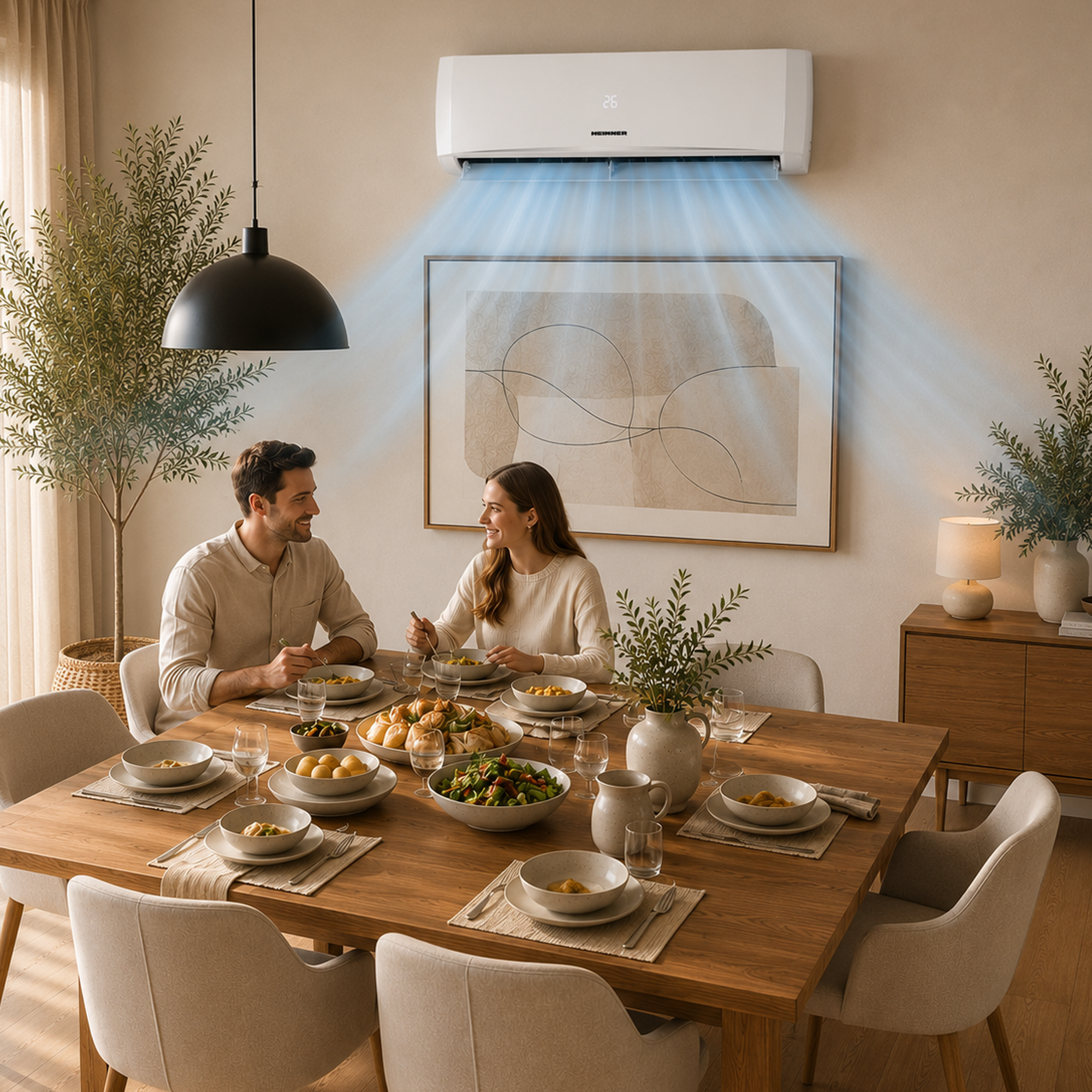 A couple eats at a dining table while an air conditioner cools the air.