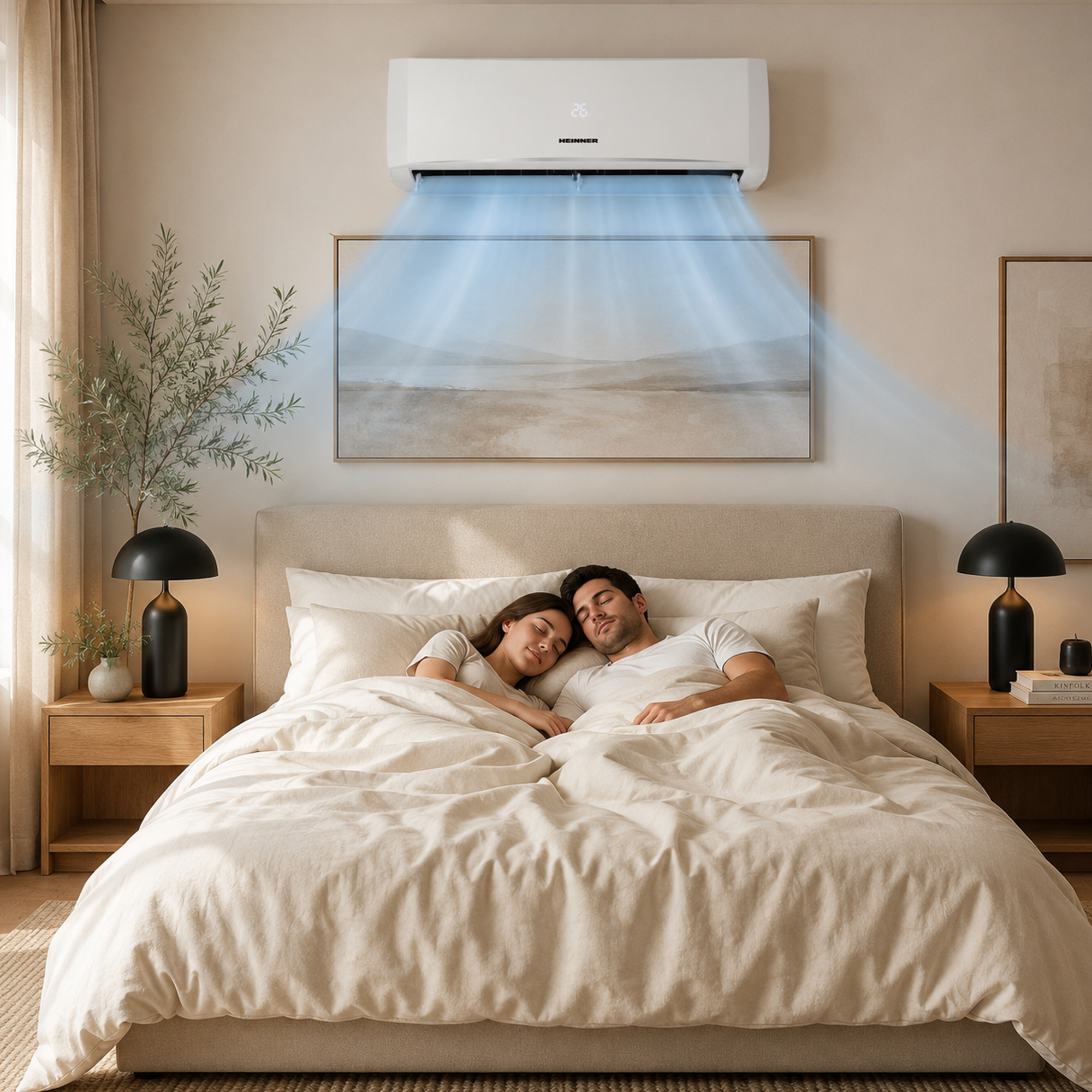 A couple sleeps under an air conditioner emitting cool air.
