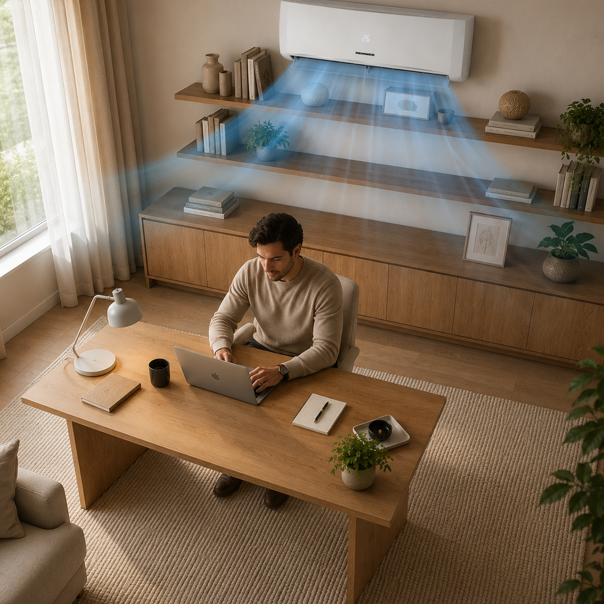 Man works on laptop, cool air flows from air conditioner.