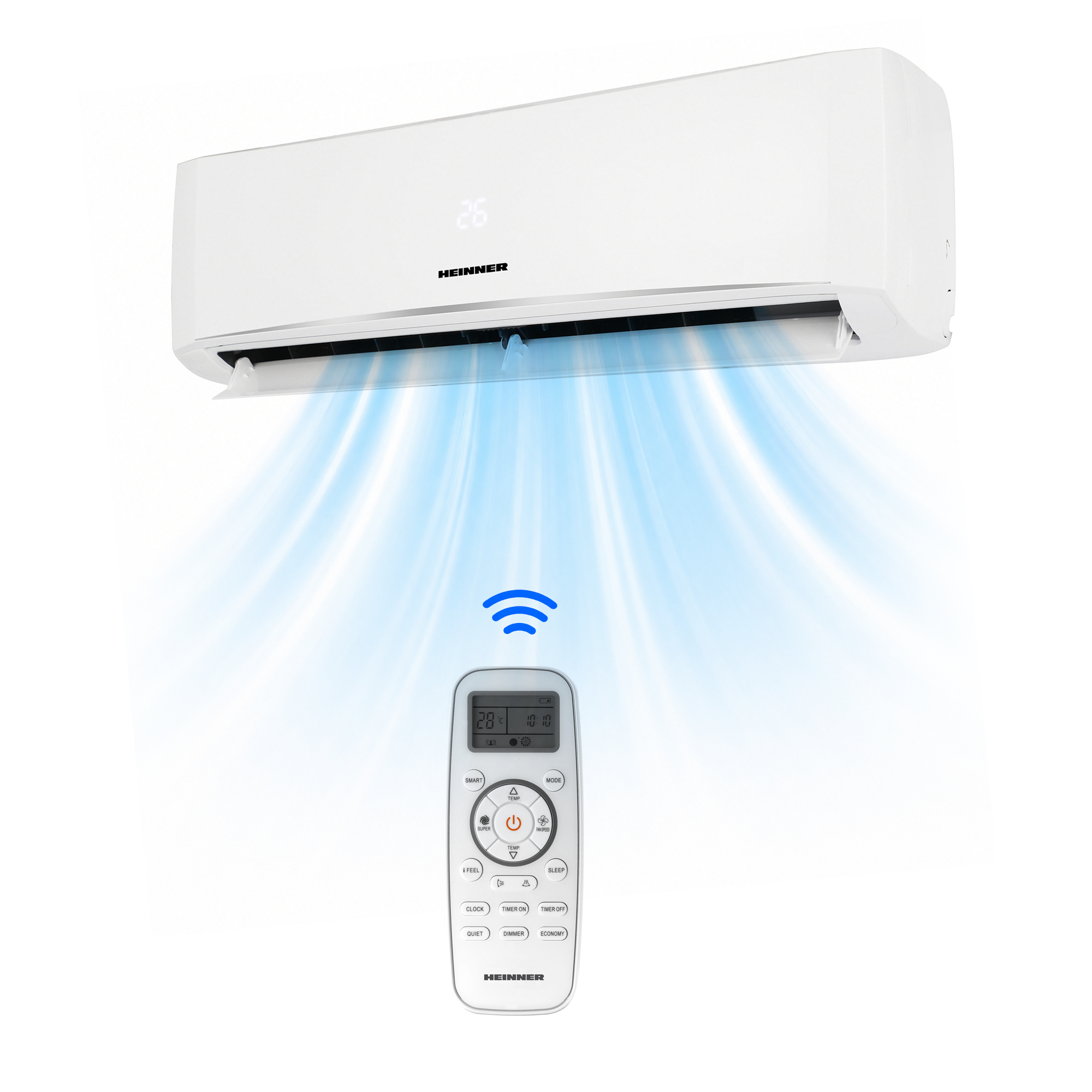 A white air conditioner unit with a remote, emitting cool air.