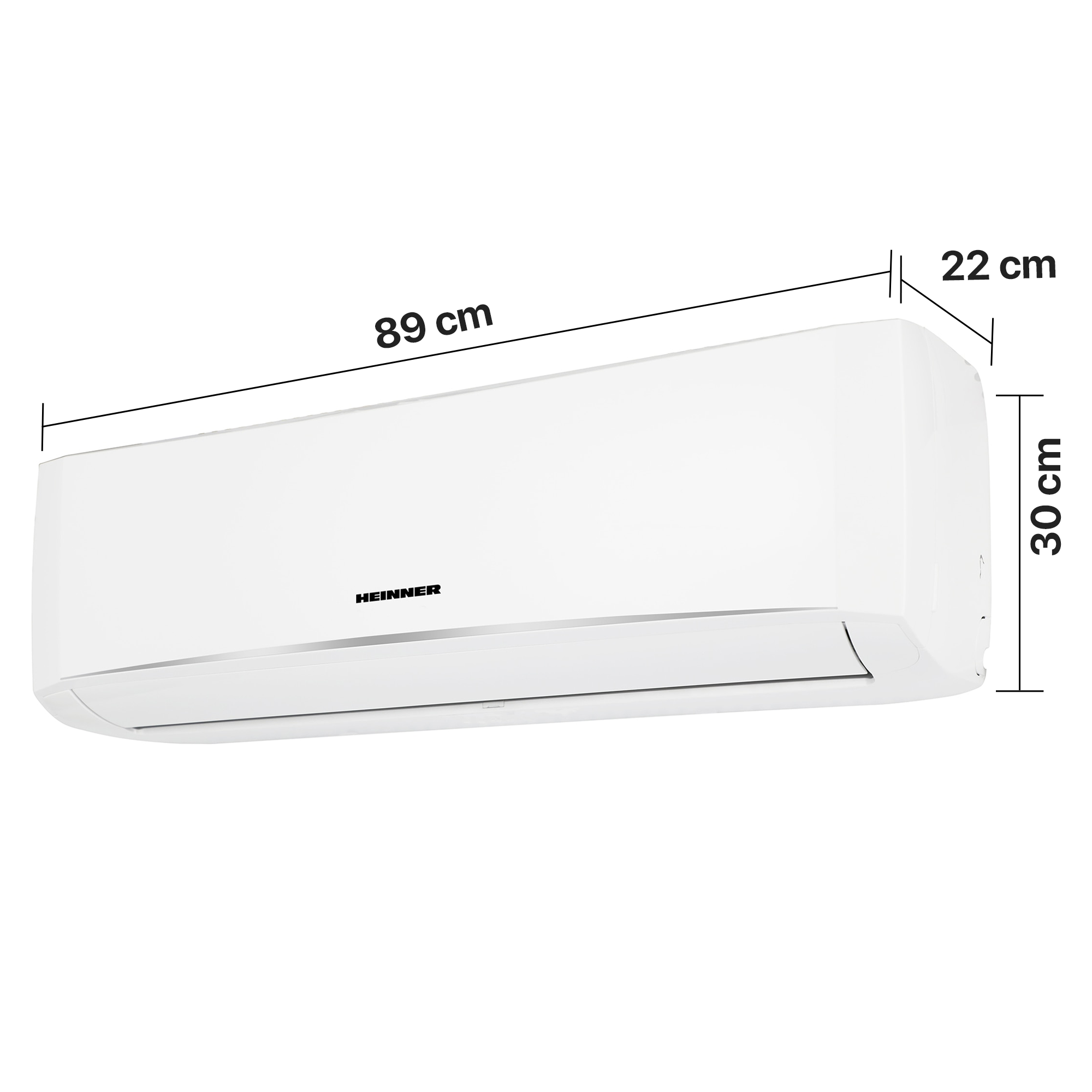 White air conditioner with dimensions 89x30x22 cm and HEINNER logo.