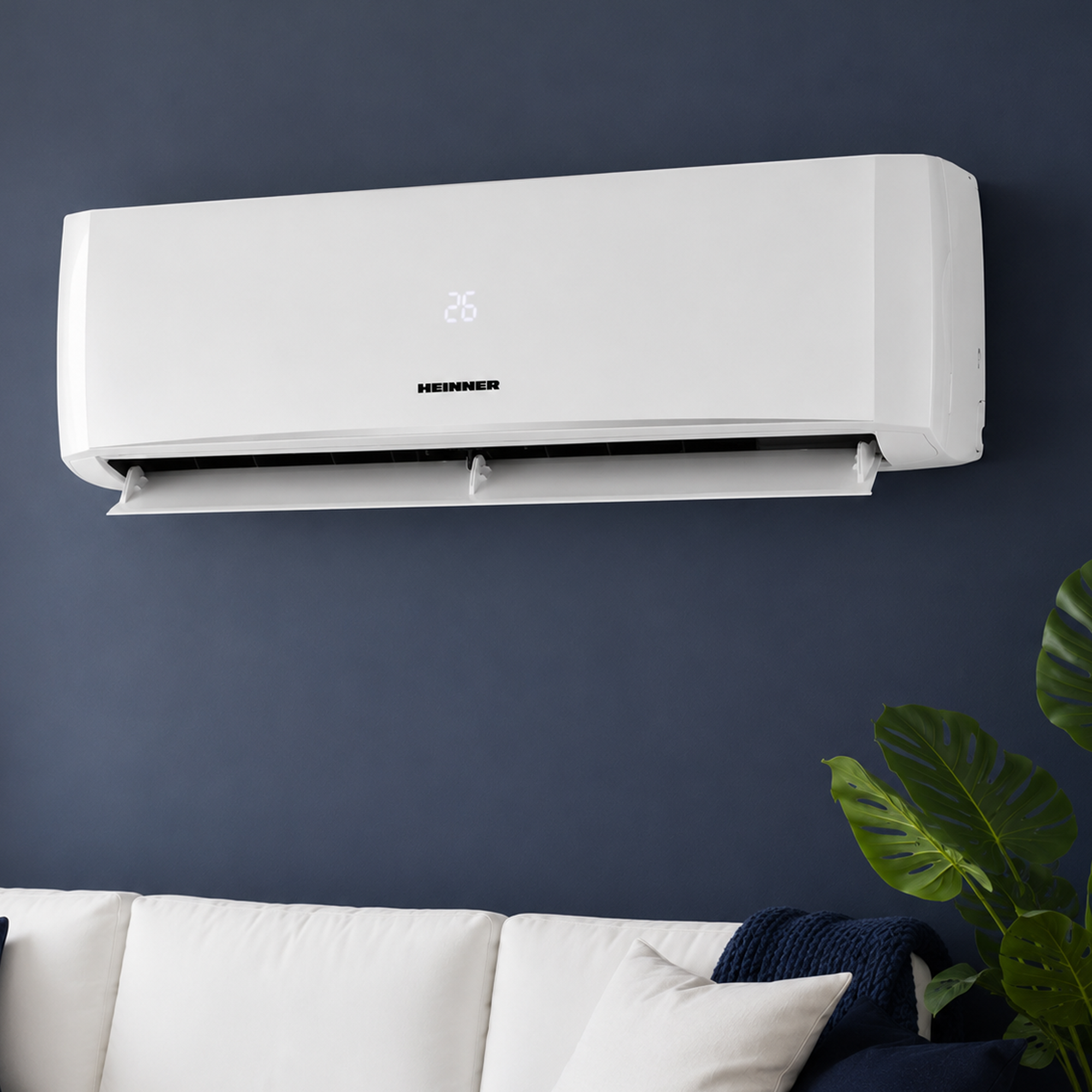 A white air conditioner on a dark blue wall showing a digital display of 26.