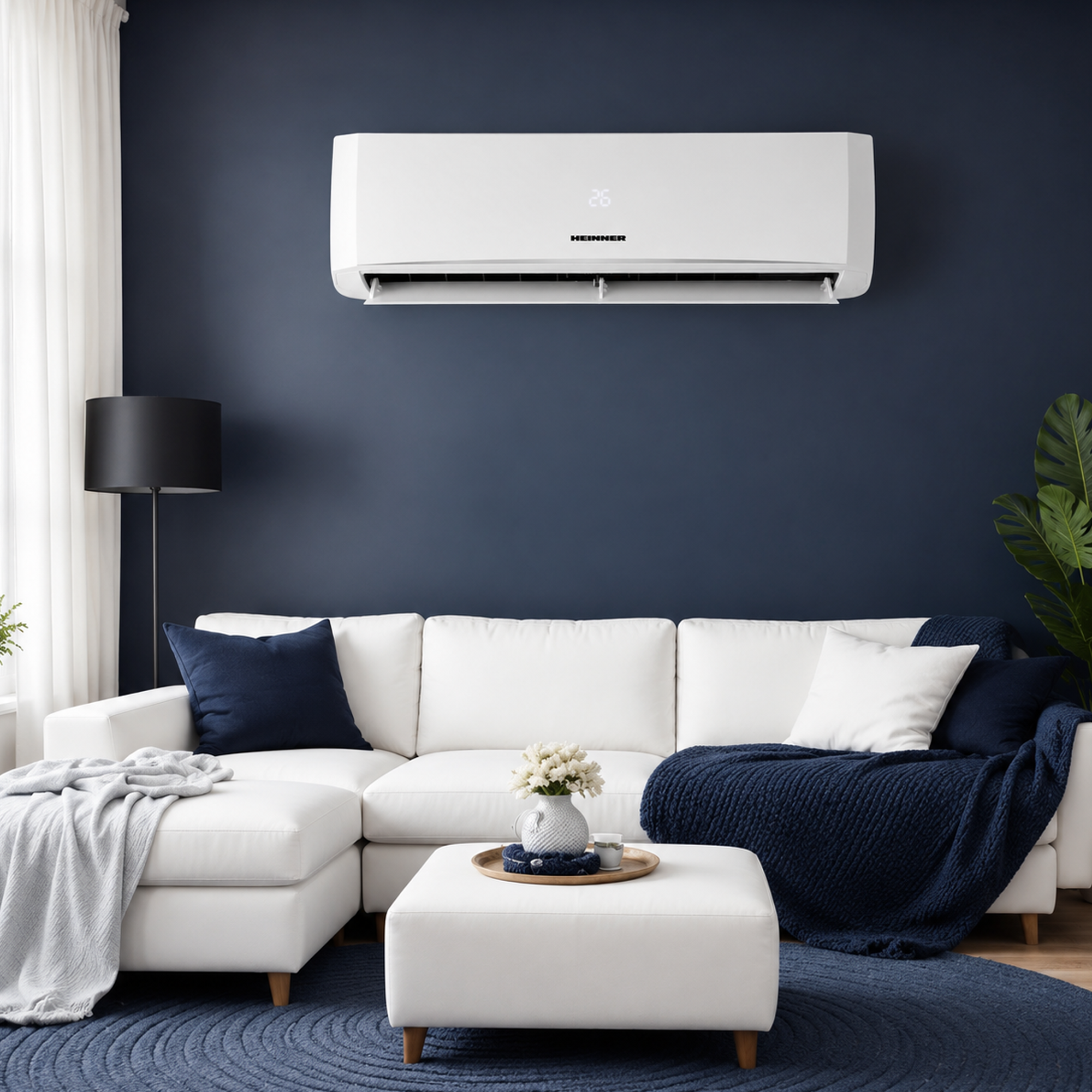 A white air conditioning split unit hangs on a dark blue wall above a white sectional sofa.