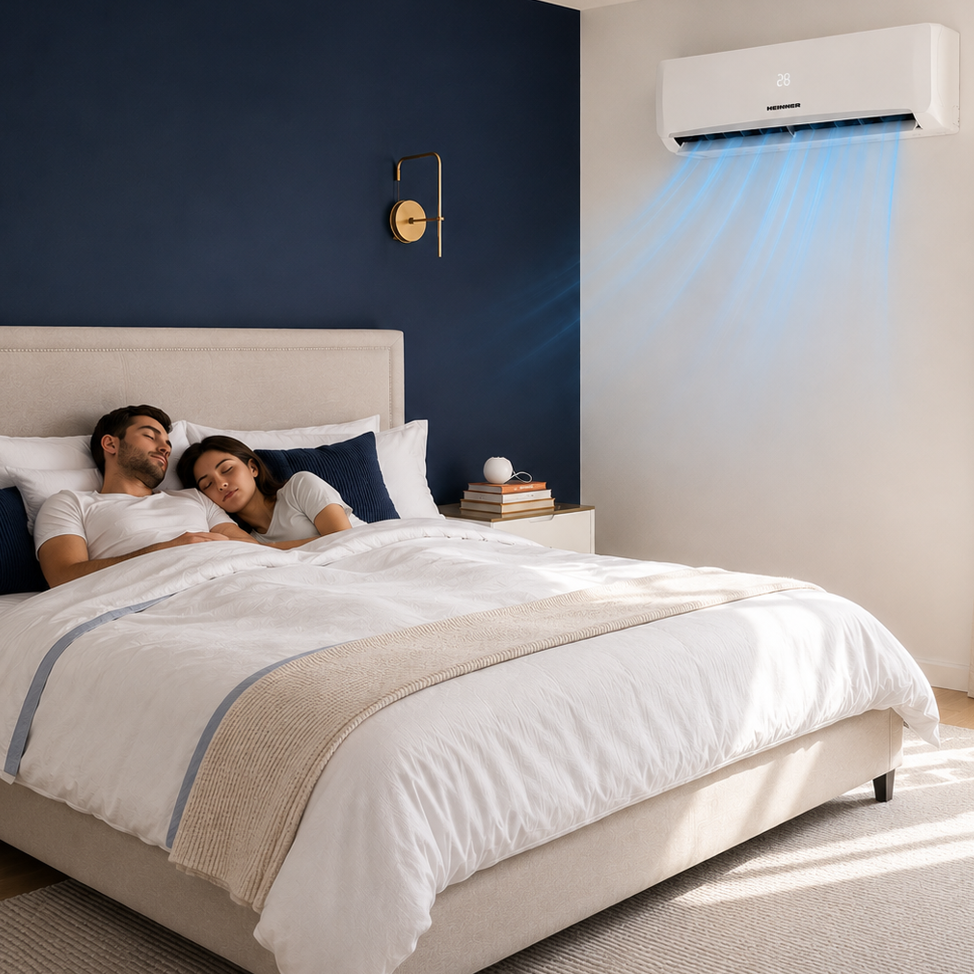 A couple sleeps in bed as an air conditioner blows cool air.